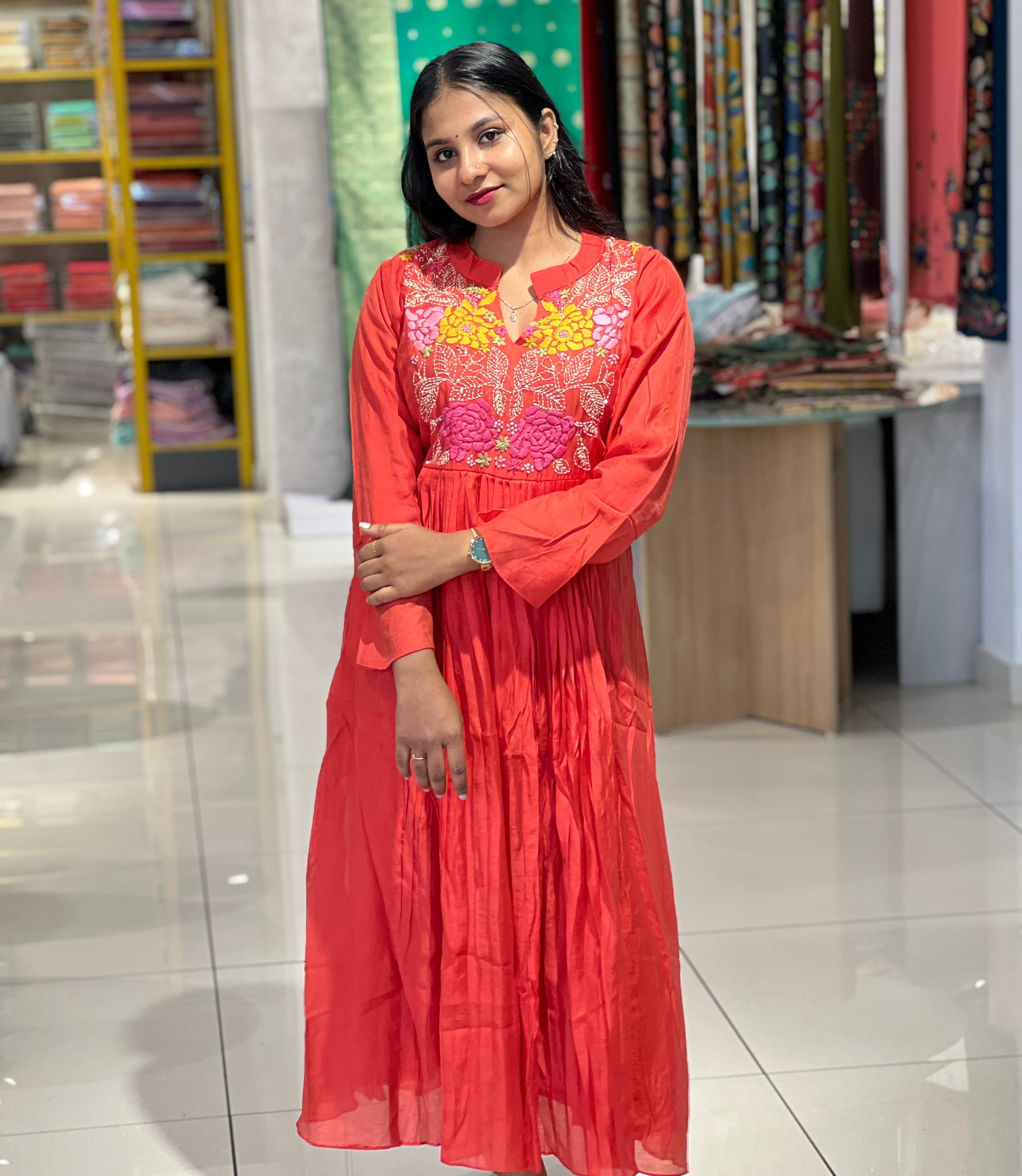 Floral Embroidered Chanderi Finish A-Line Kurta | OS468