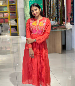 Floral Embroidered Chanderi Finish A-Line Kurta | OS468