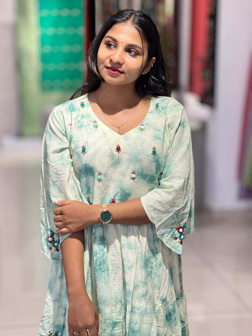 Tie & Dye With Floral embroidery Detailed Cotton Kurta | OS469