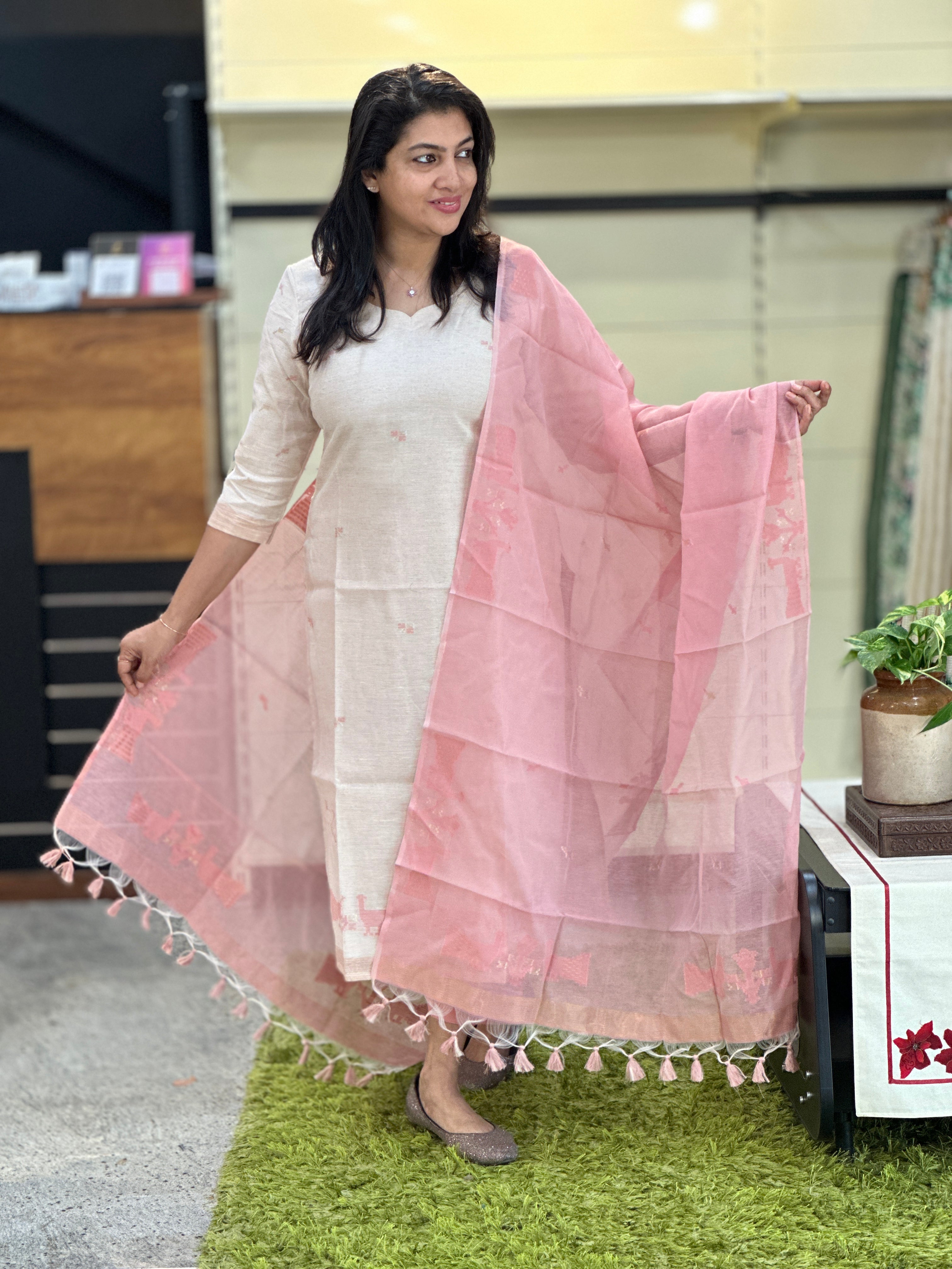 Jamdani Woven Chanderi-Linen Finish Unstitched Salwar Set | SSN463