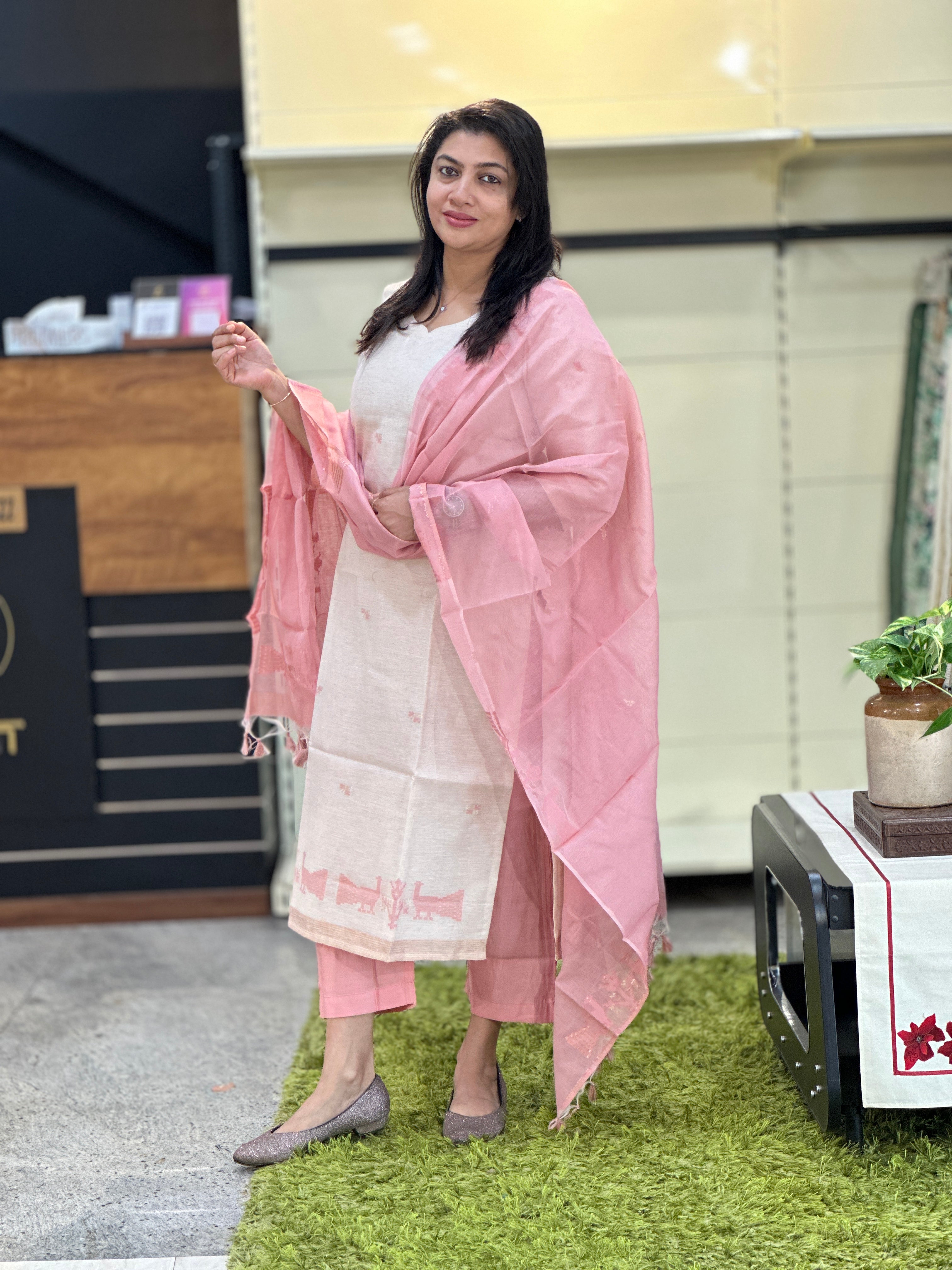 Jamdani Woven Chanderi-Linen Finish Unstitched Salwar Set | SSN463