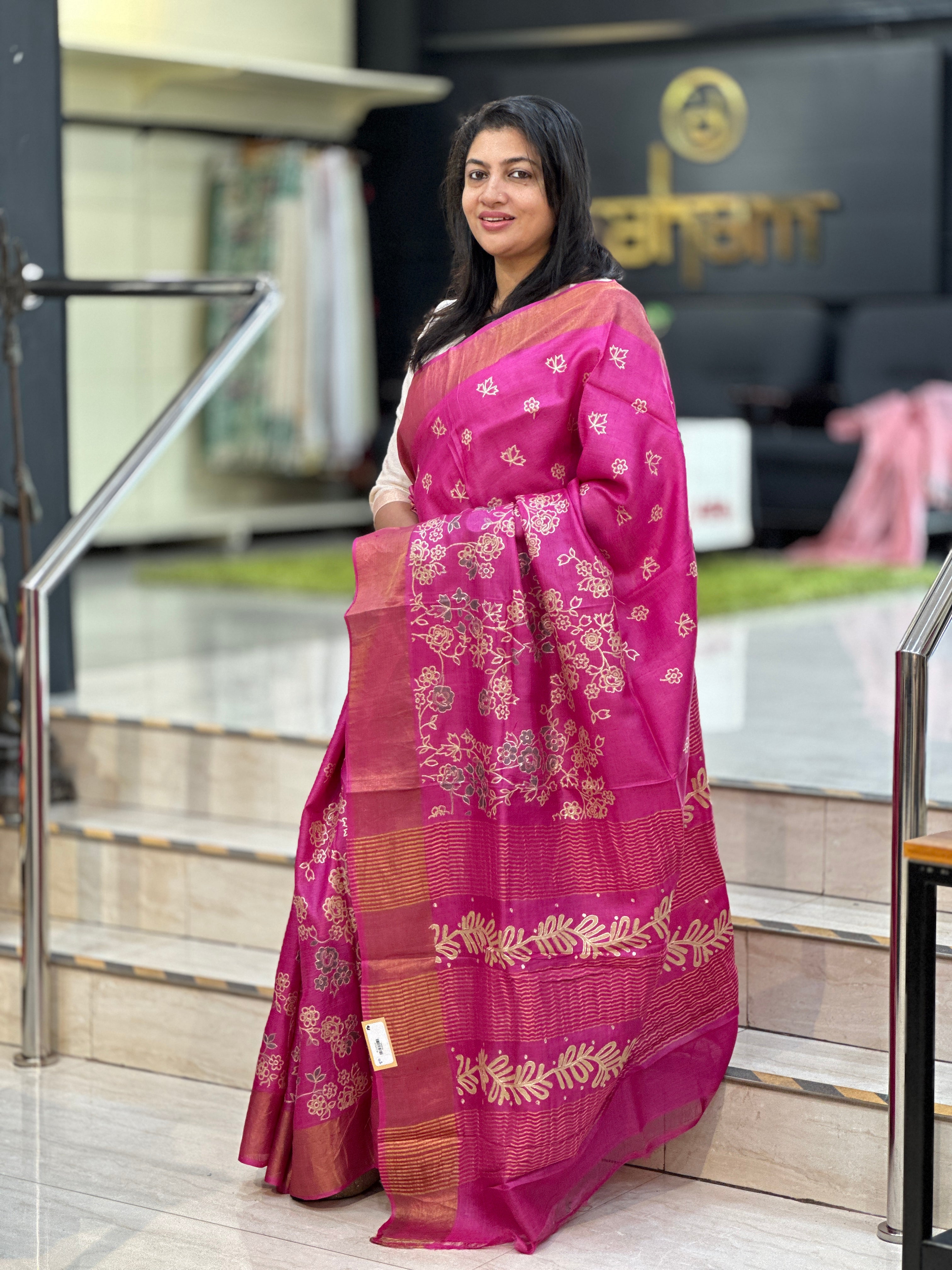 Floral And Leaf Print Korean Tussar Saree | NLM249