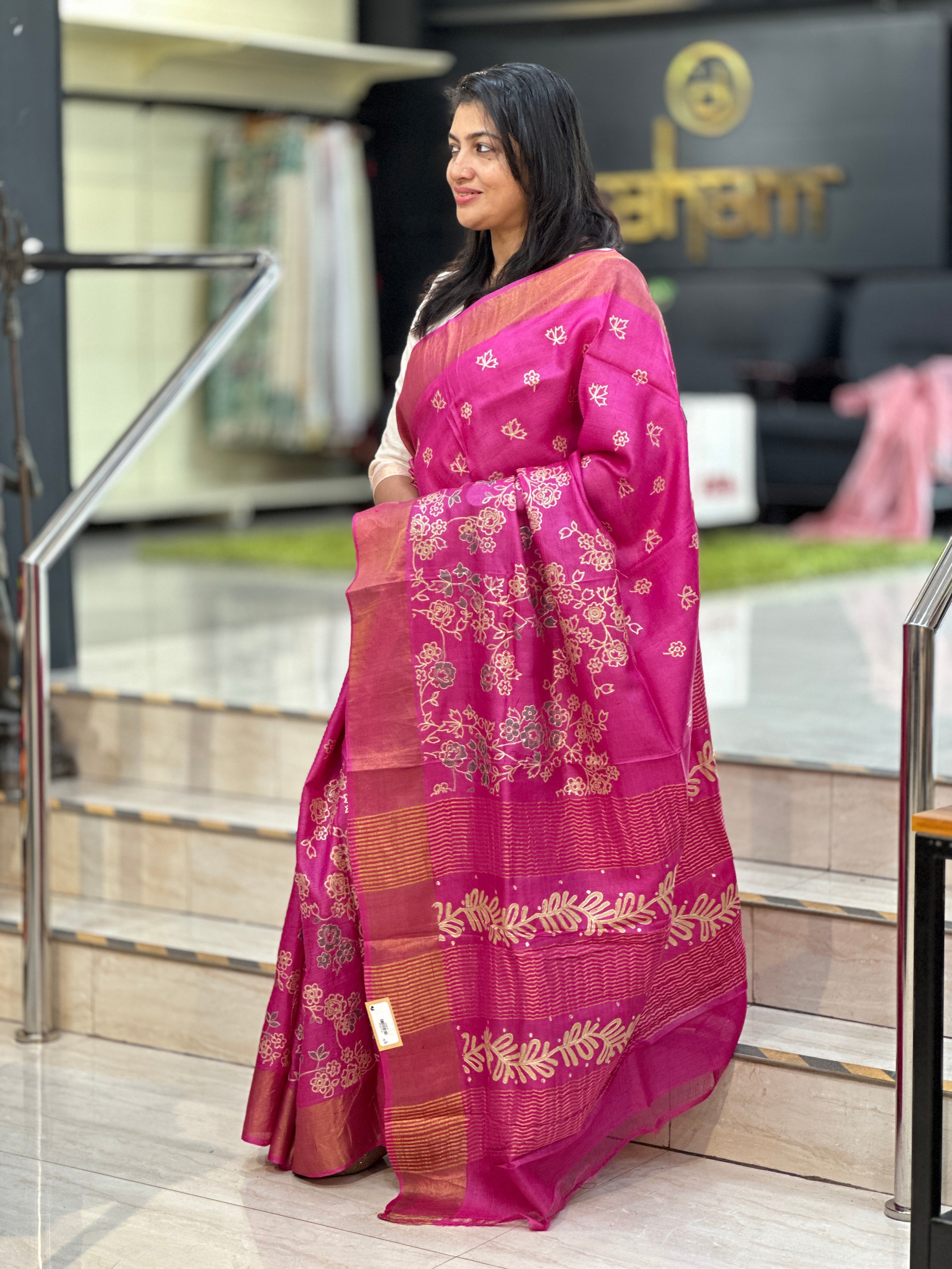 Floral And Leaf Print Korean Tussar Saree | NLM249