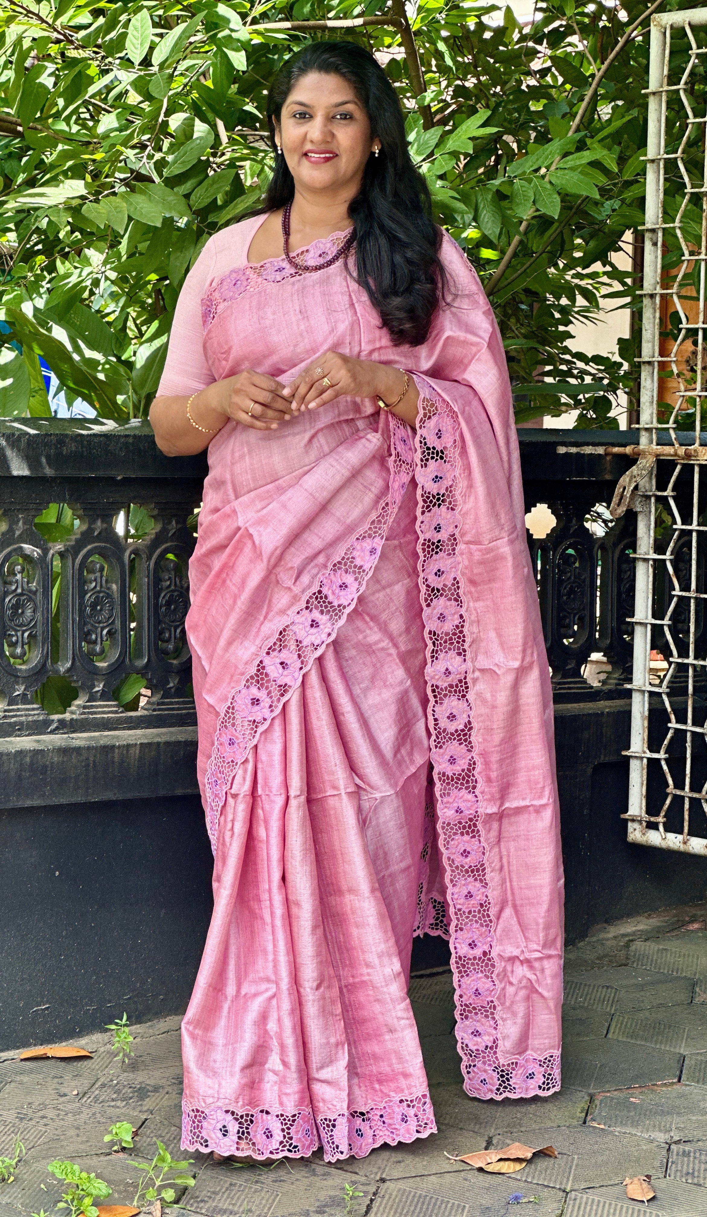 Twine Cut Work With Floral Embroidery Detailed Tussar Silk Saree | TC407