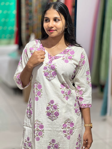Block Print With Embroidery Highlighted Cotton Kurta Top & Bottom Set | OS471