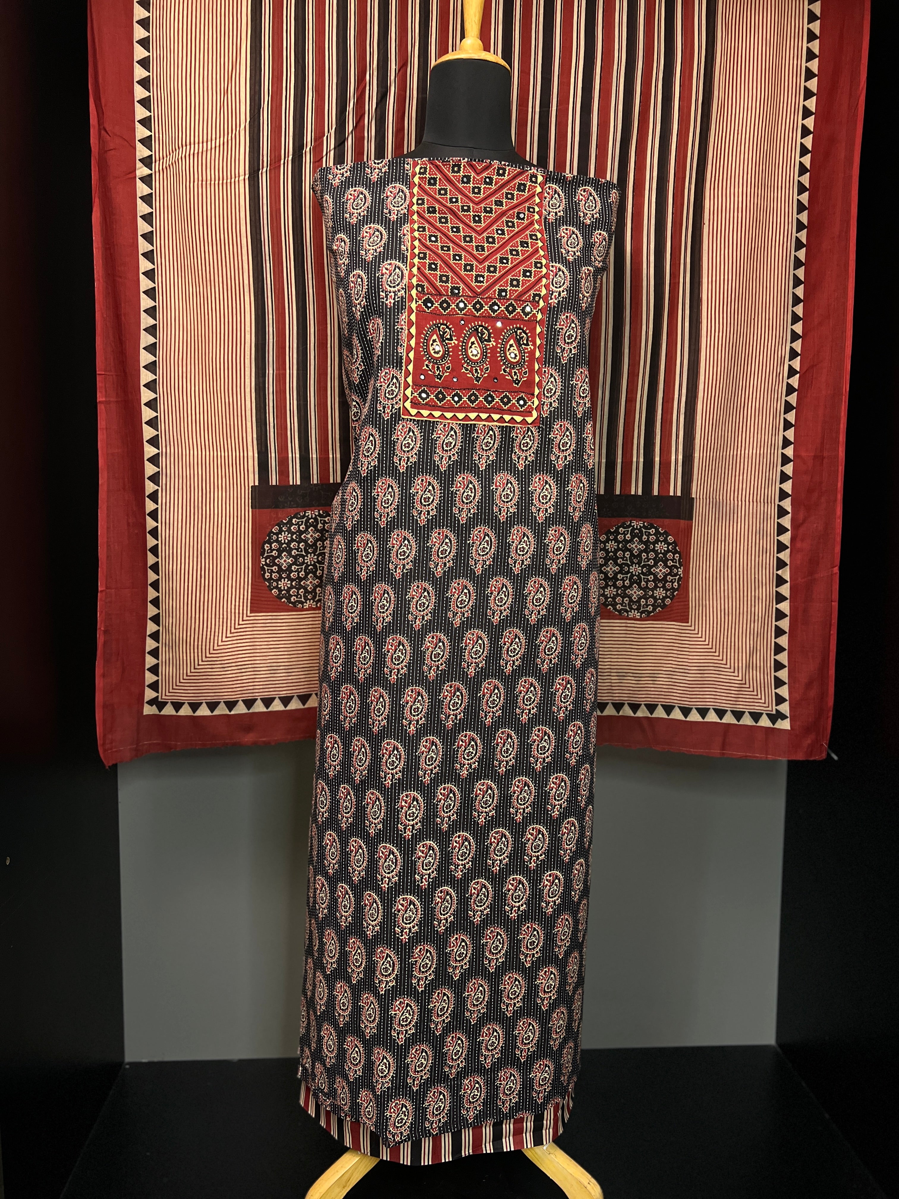 Ajrak Print With Kantha Detailed Cambric Cotton Salwar Set | MT139