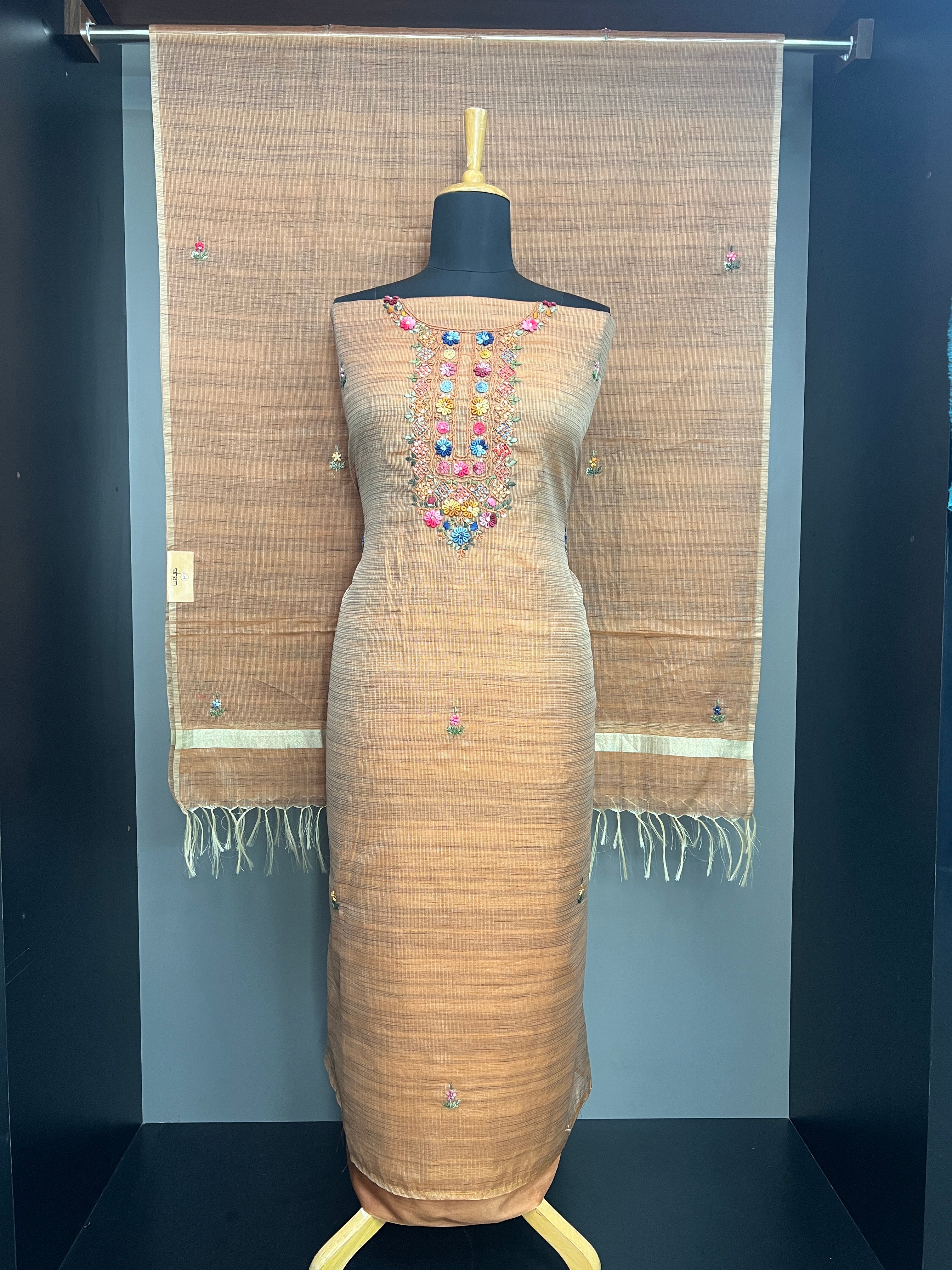 Multi Color Floral Hand Embroidery Detailed Silky Kota Salwar Set | SGS130