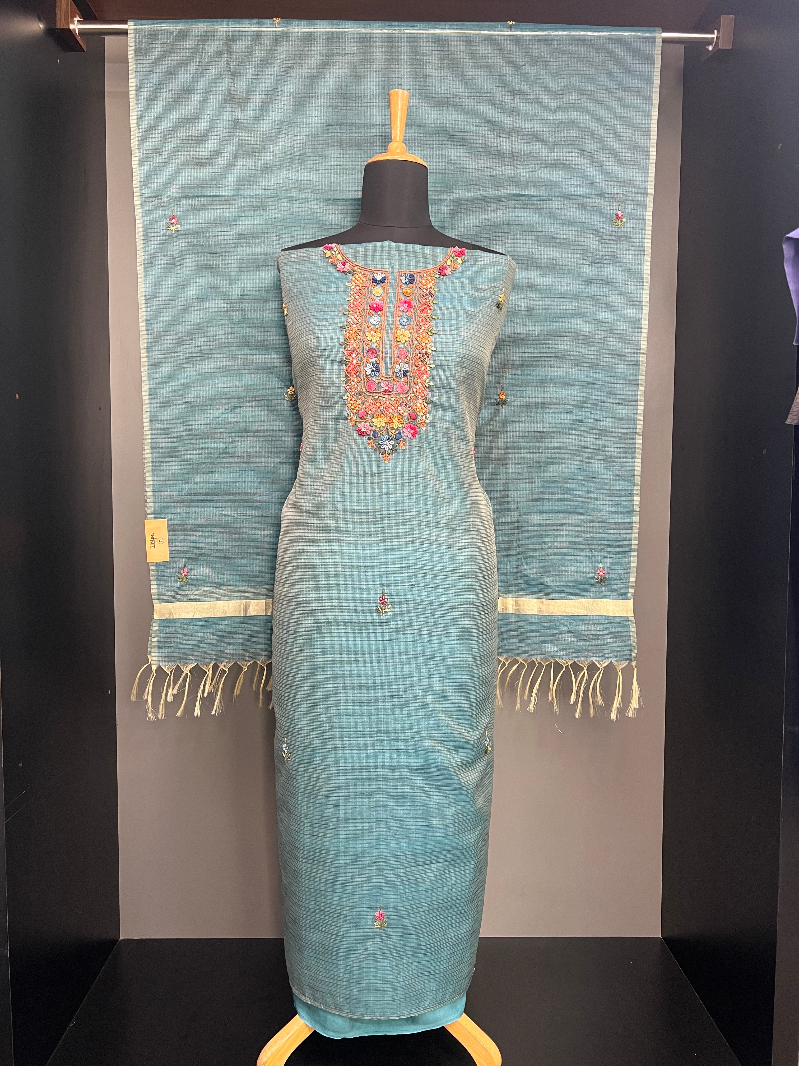 Multi Color Floral Hand Embroidery Detailed Silky Kota Salwar Set | SGS127