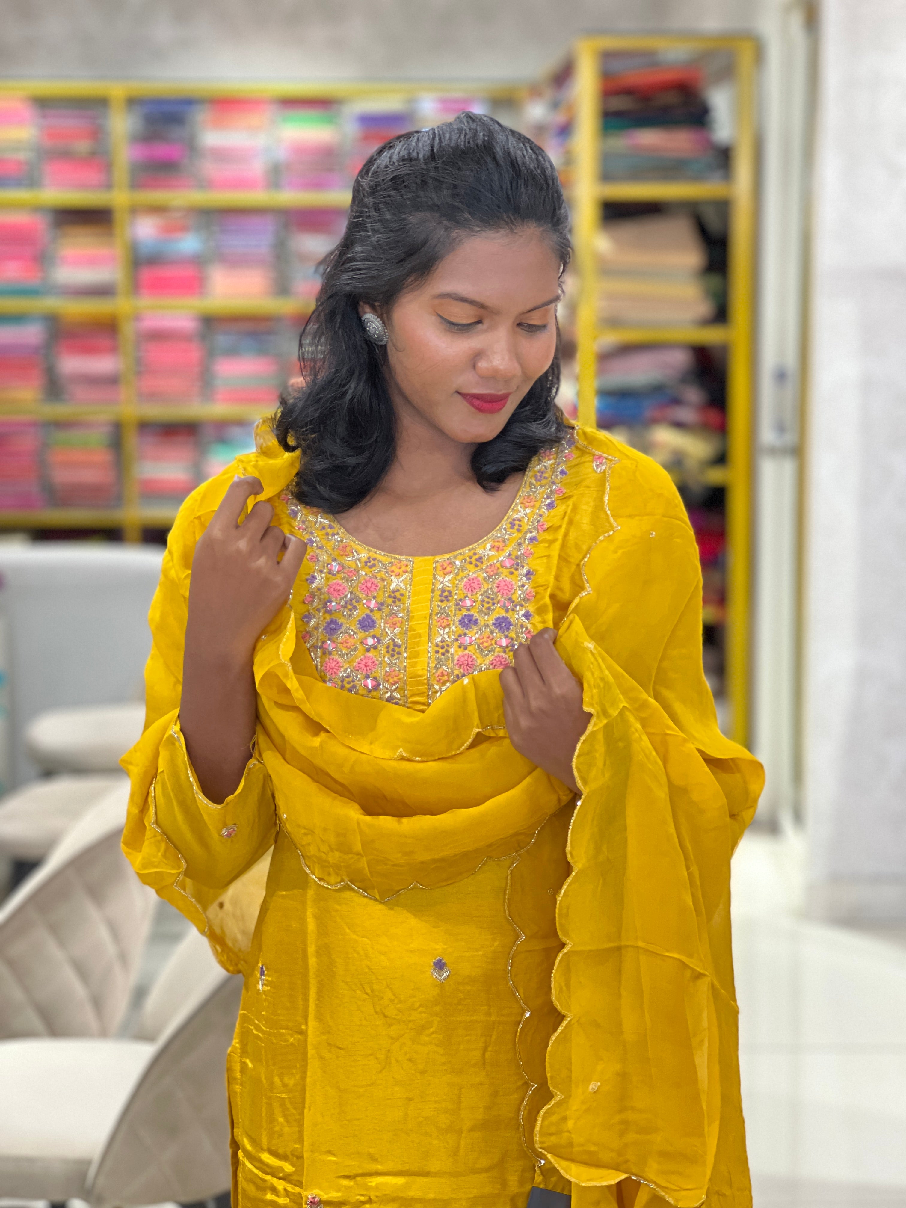 Hand Embroidery Detailed Slub Silk Kurta Set | SJL134