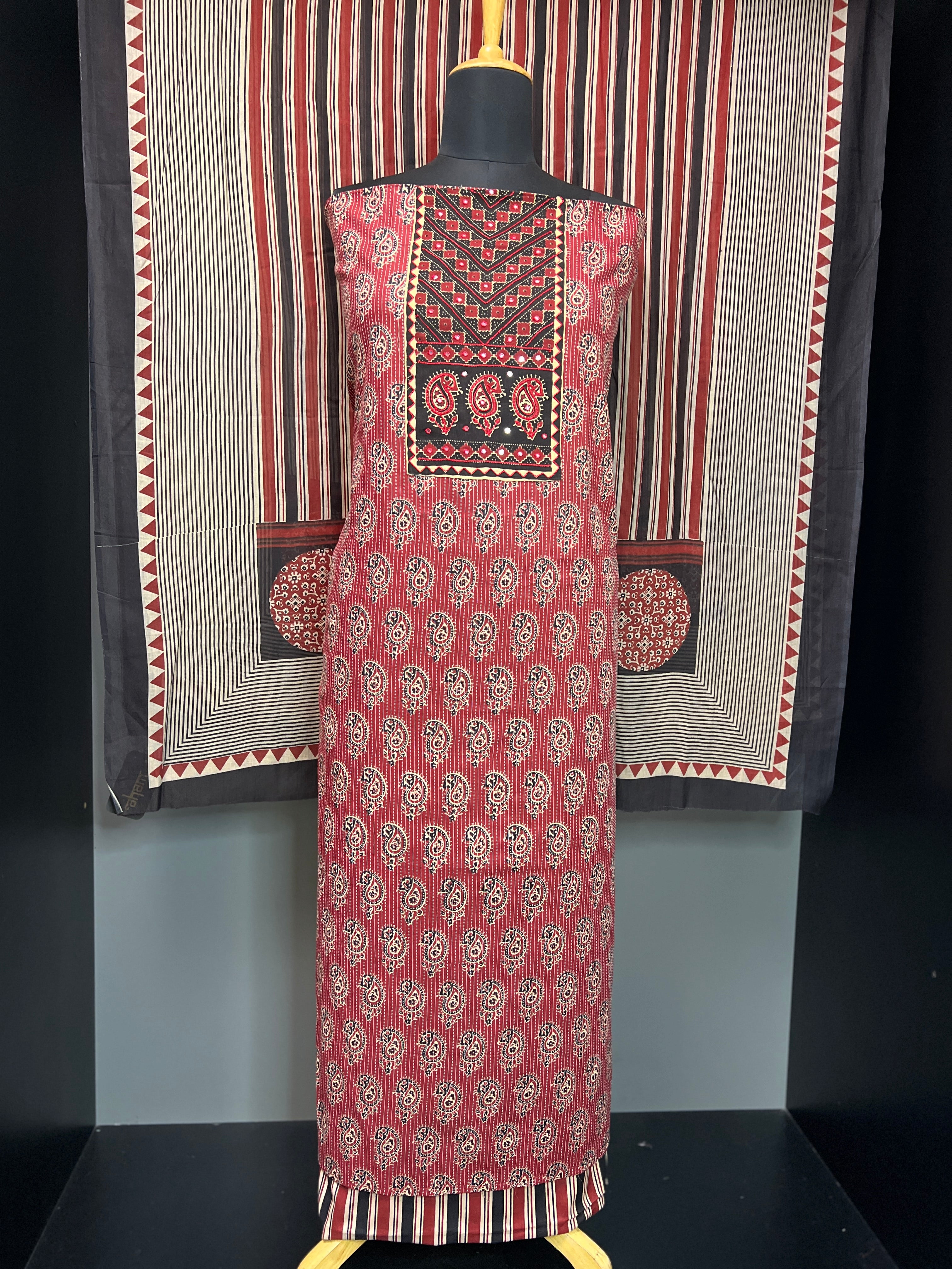 Ajrak Print With Kantha Detailed Cambric Cotton Salwar Set | MT140