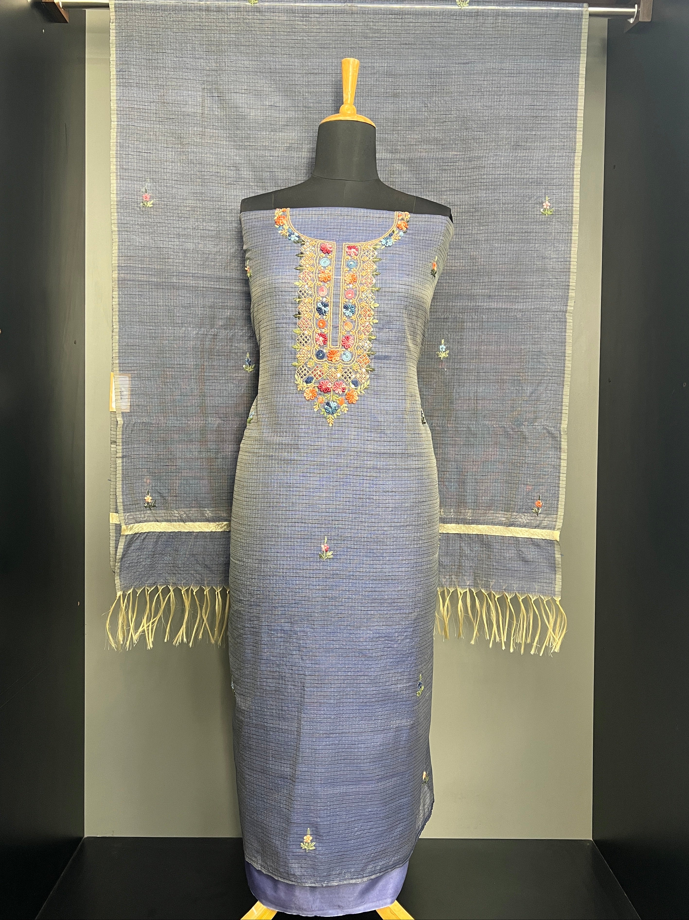 Multi Color Floral Hand Embroidery Detailed Silky Kota Salwar Set | SGS129