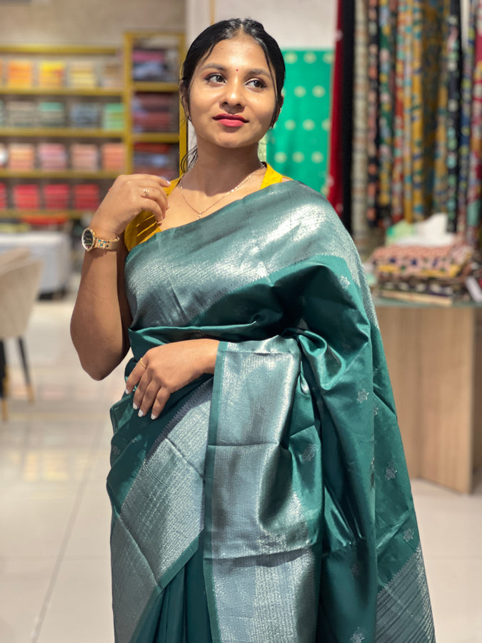 Traditional Silver Zari Buta Weaved Semi Silk Saree | HT157