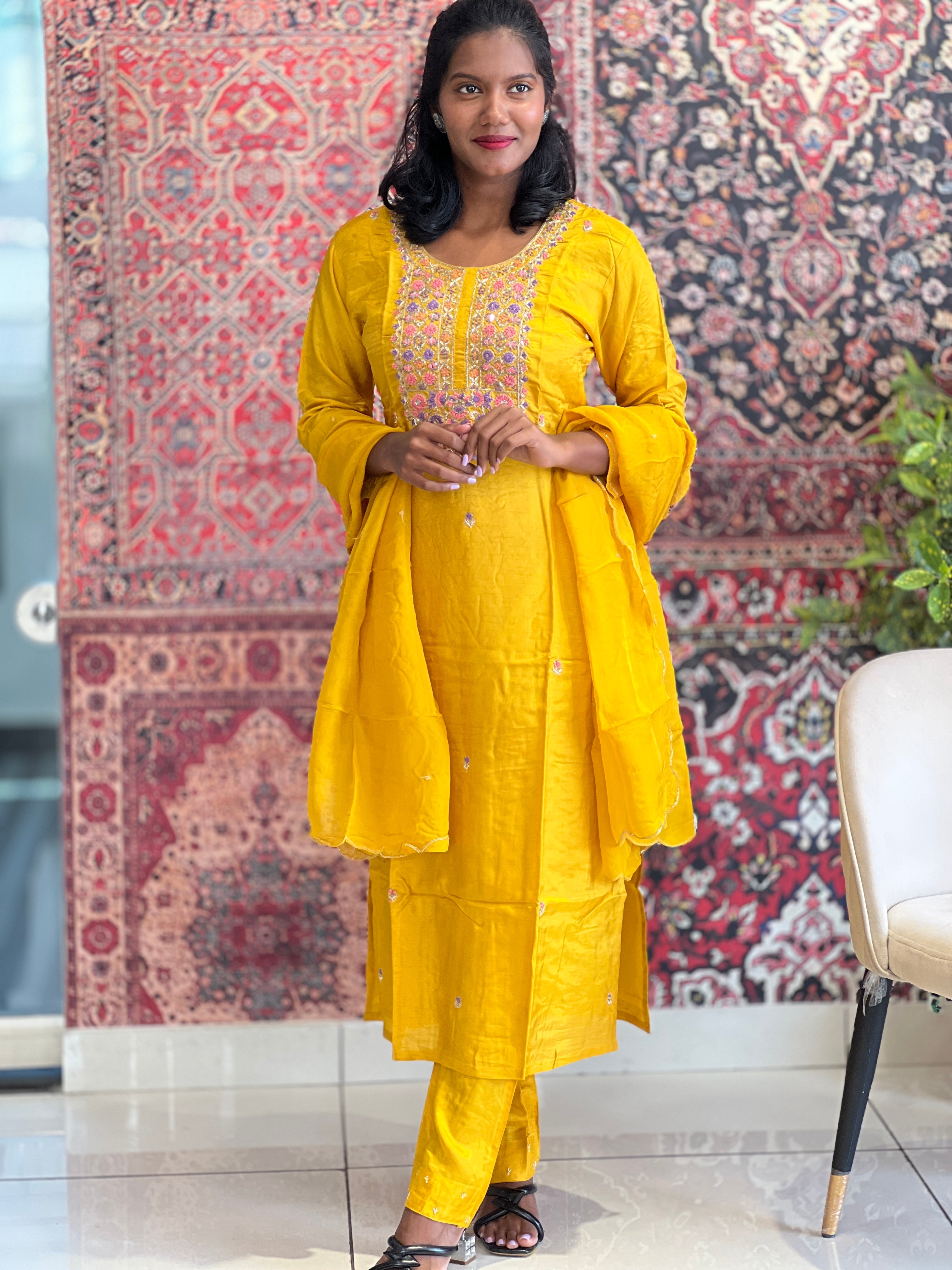 Hand Embroidery Detailed Slub Silk Kurta Set | SJL134