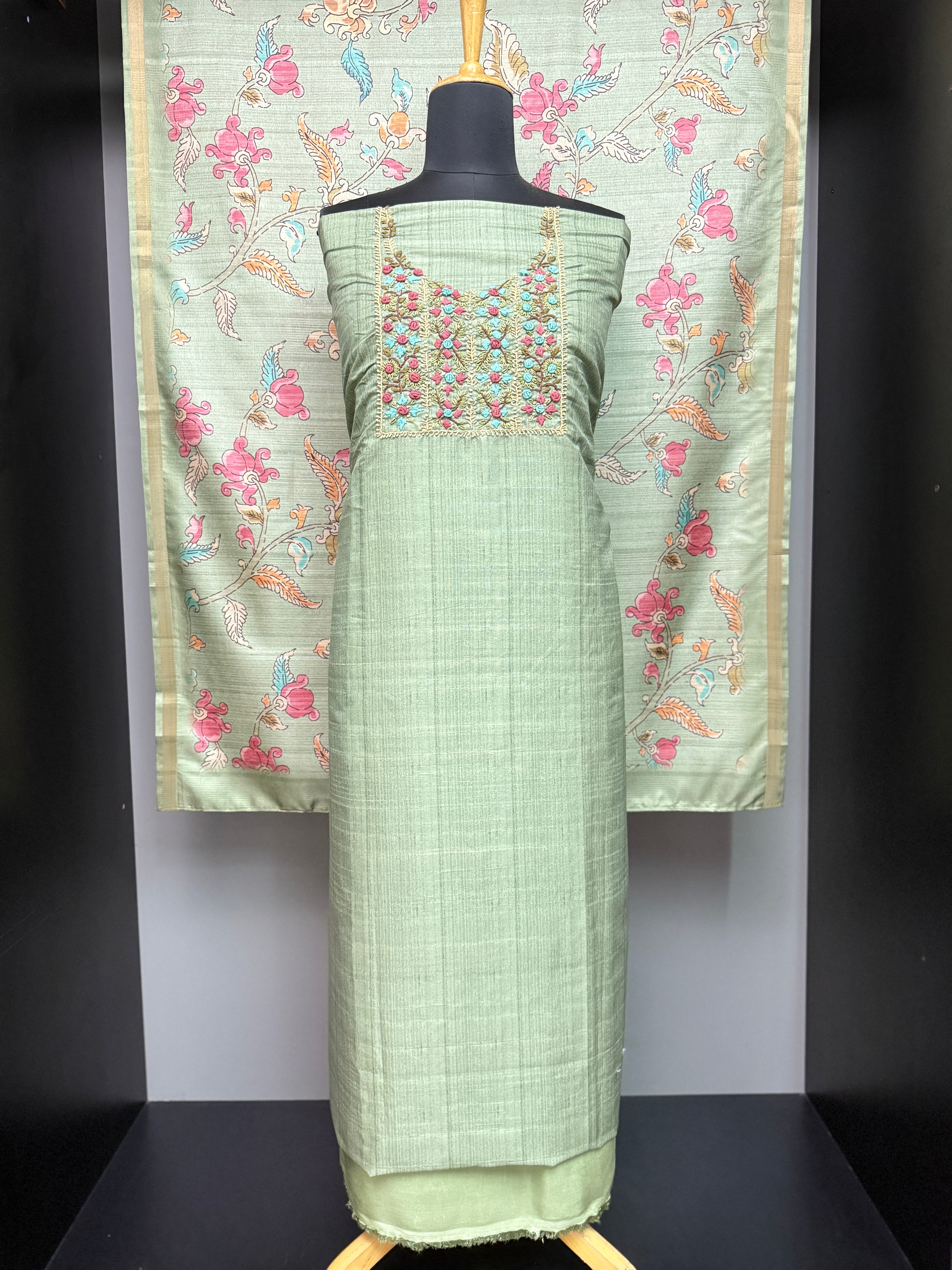 Yoke Floral Hand Embroidery Semi Silk Salwar Set | PHU147