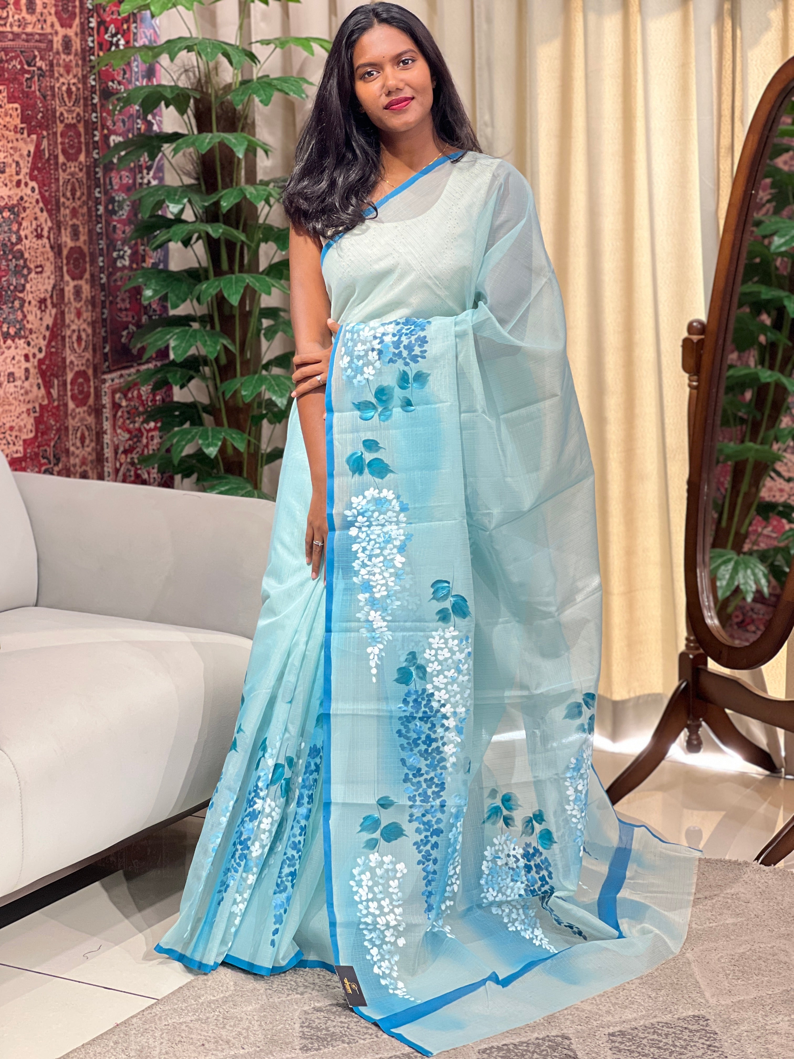 Floral Painted Muga Check Organza Saree | JSC461