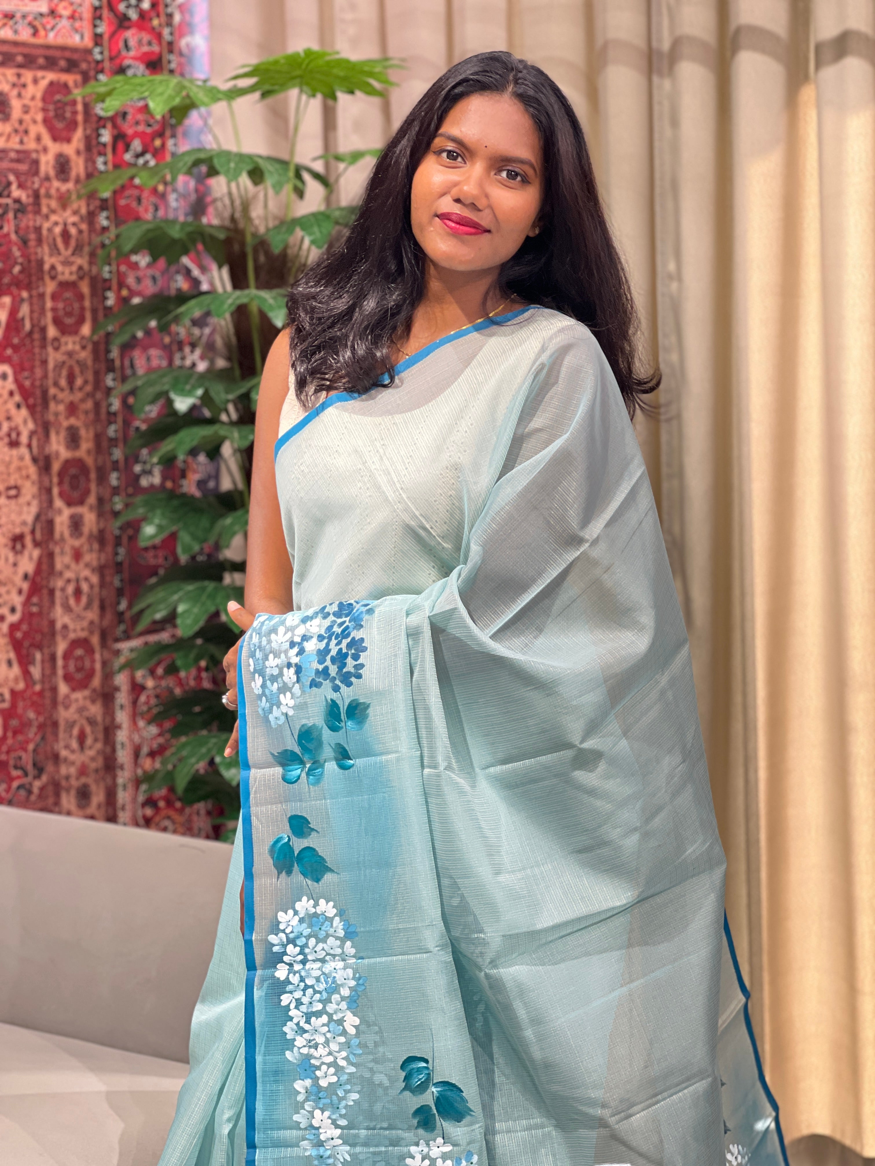 Floral Painted Muga Check Organza Saree | JSC461