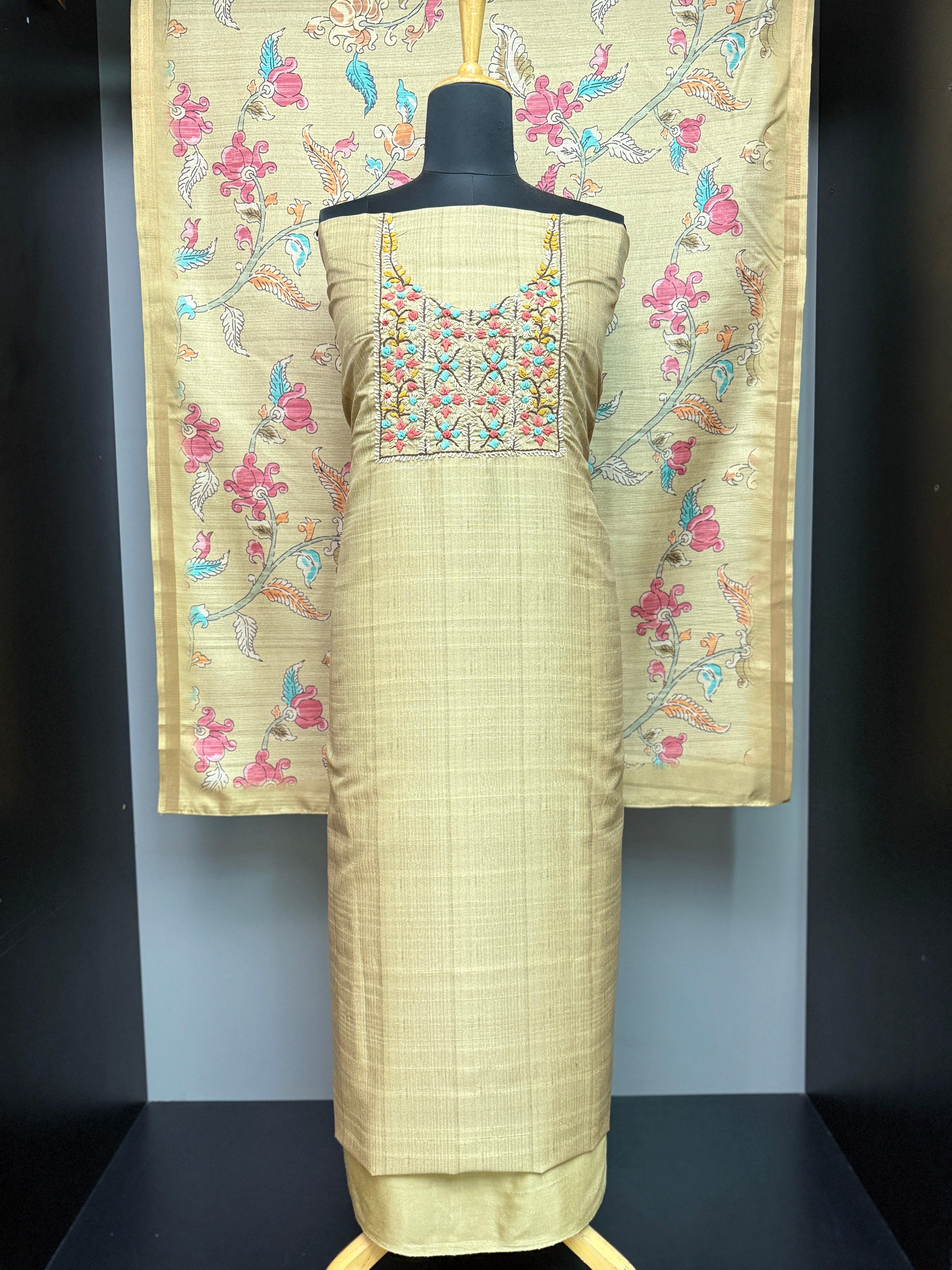 Yoke Floral Hand Embroidery Semi Silk Salwar Set | PHU146