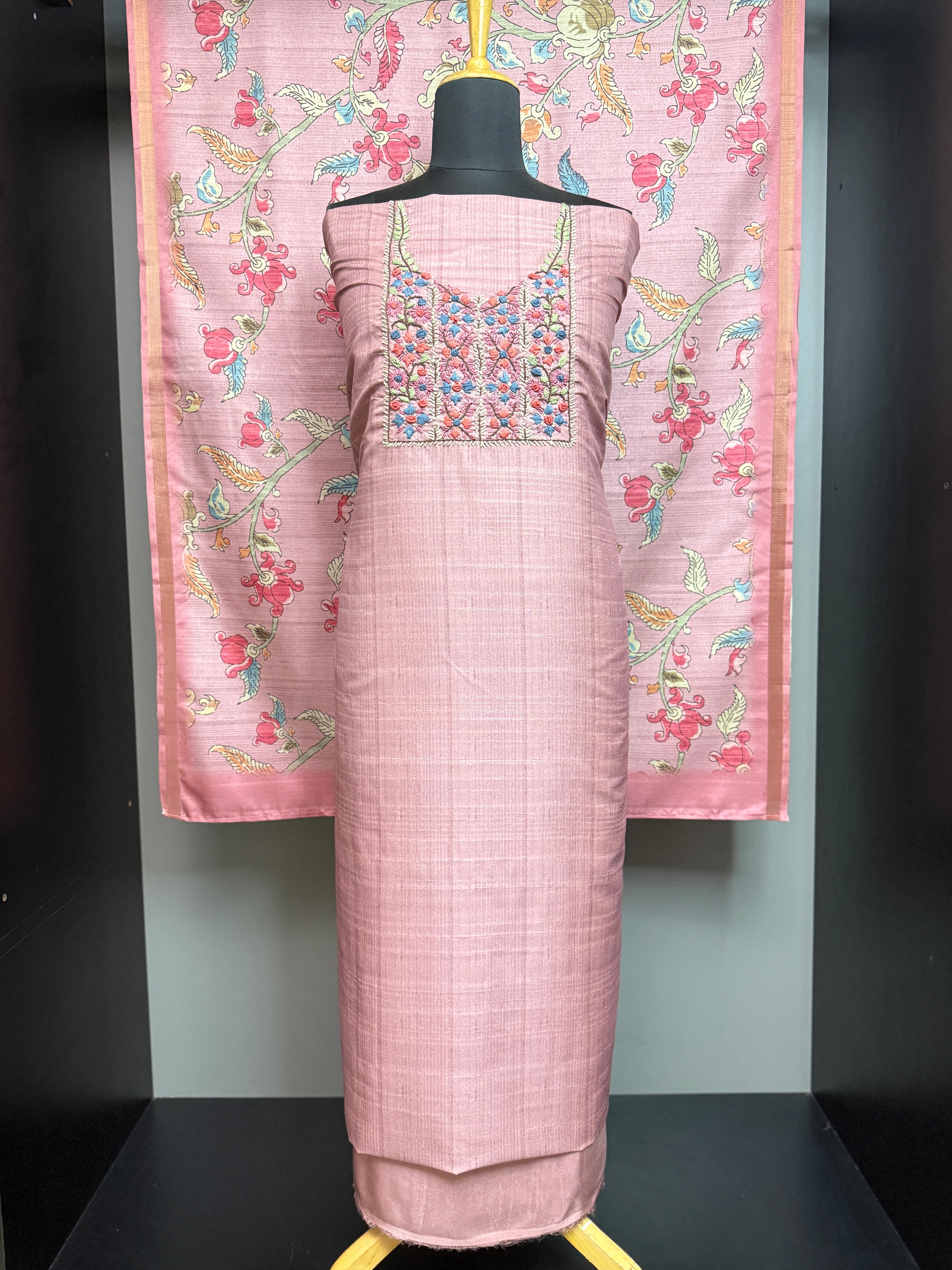 Yoke Floral Hand Embroidery Semi Silk  Salwar Set | PHU145