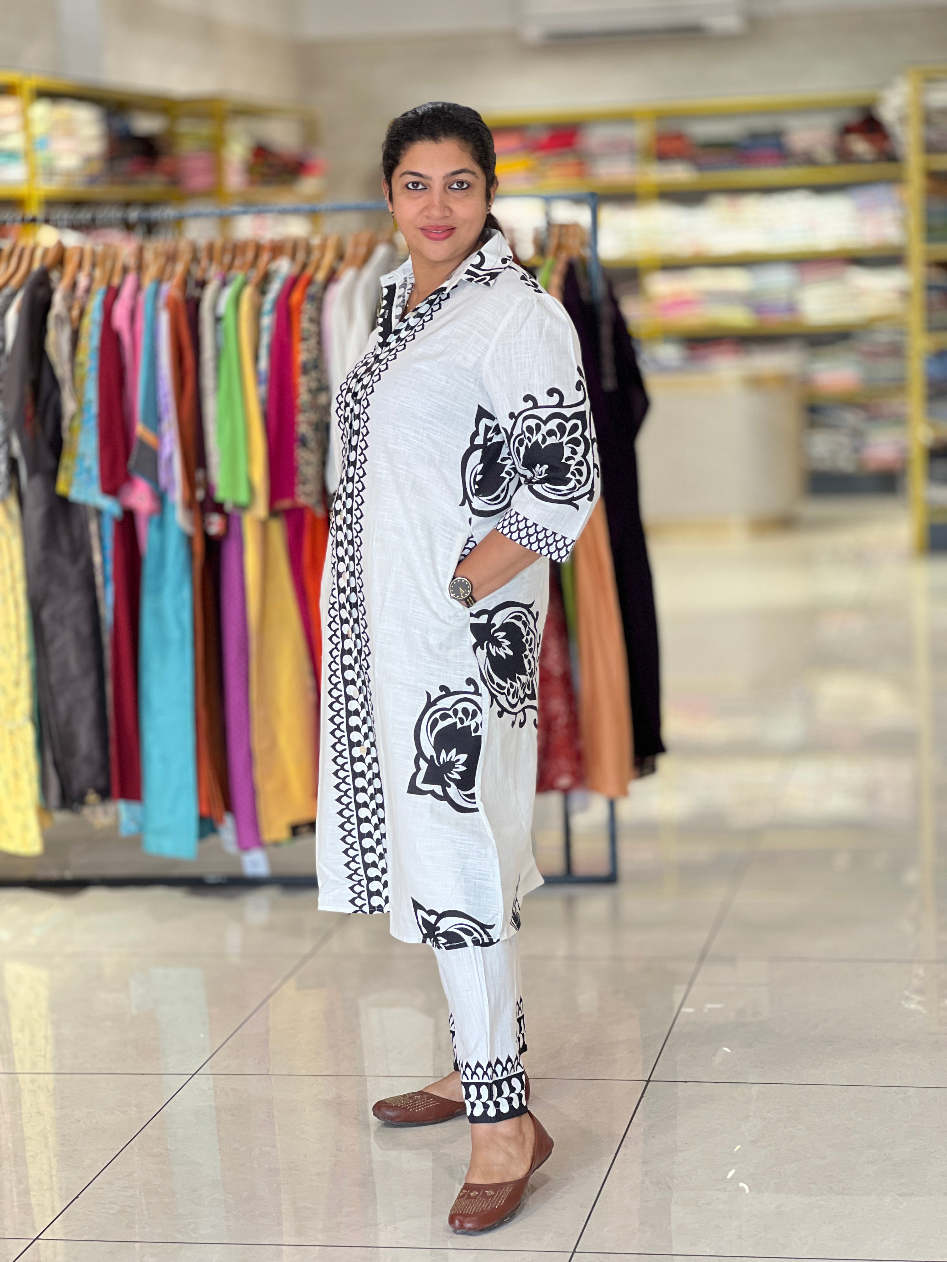 Screen Printed Pattern Slub Linen Cord Set | OMF181