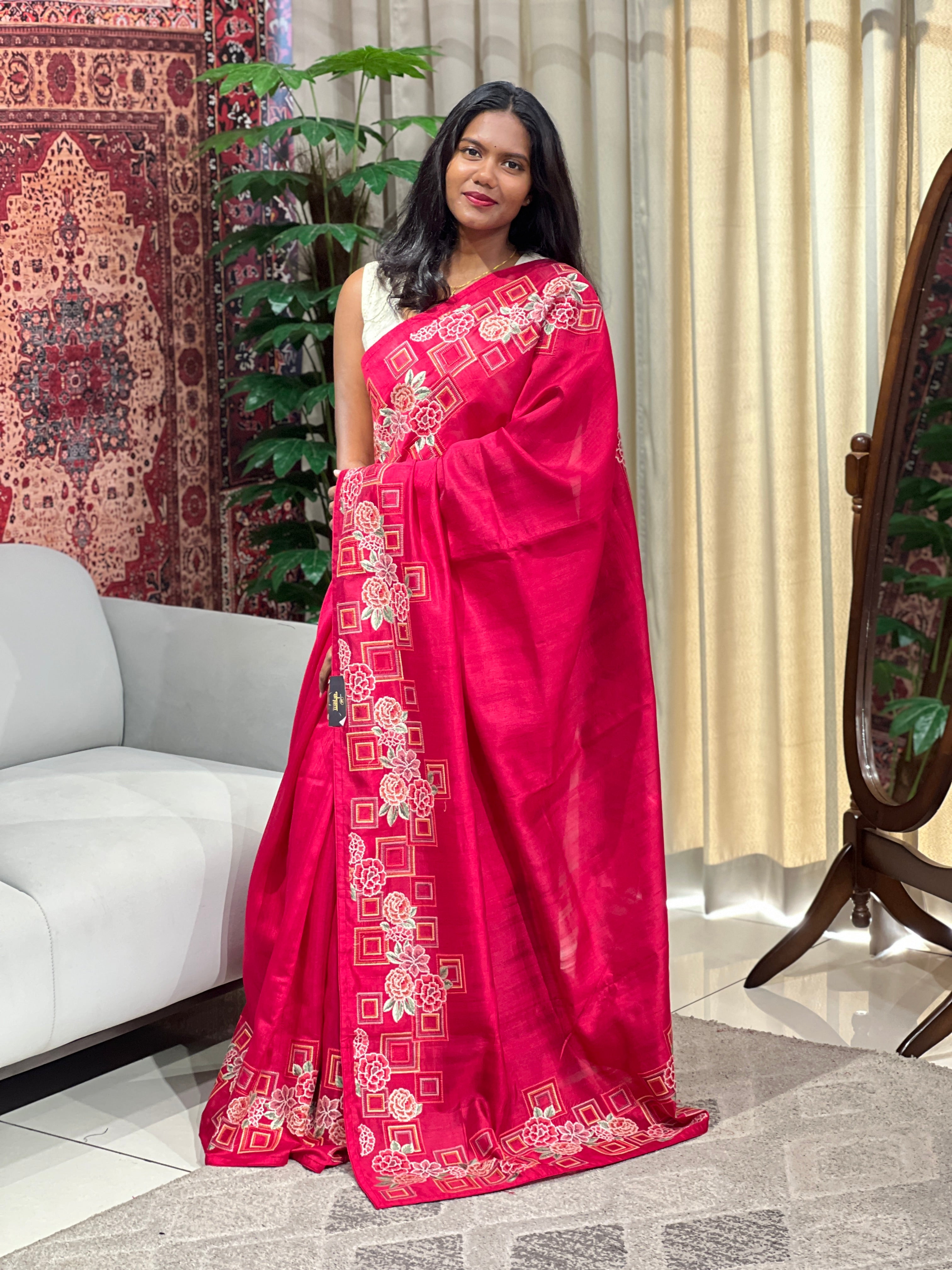 Multicolour Thread Embroidery Detailed Semi Tussar Saree | SUN535