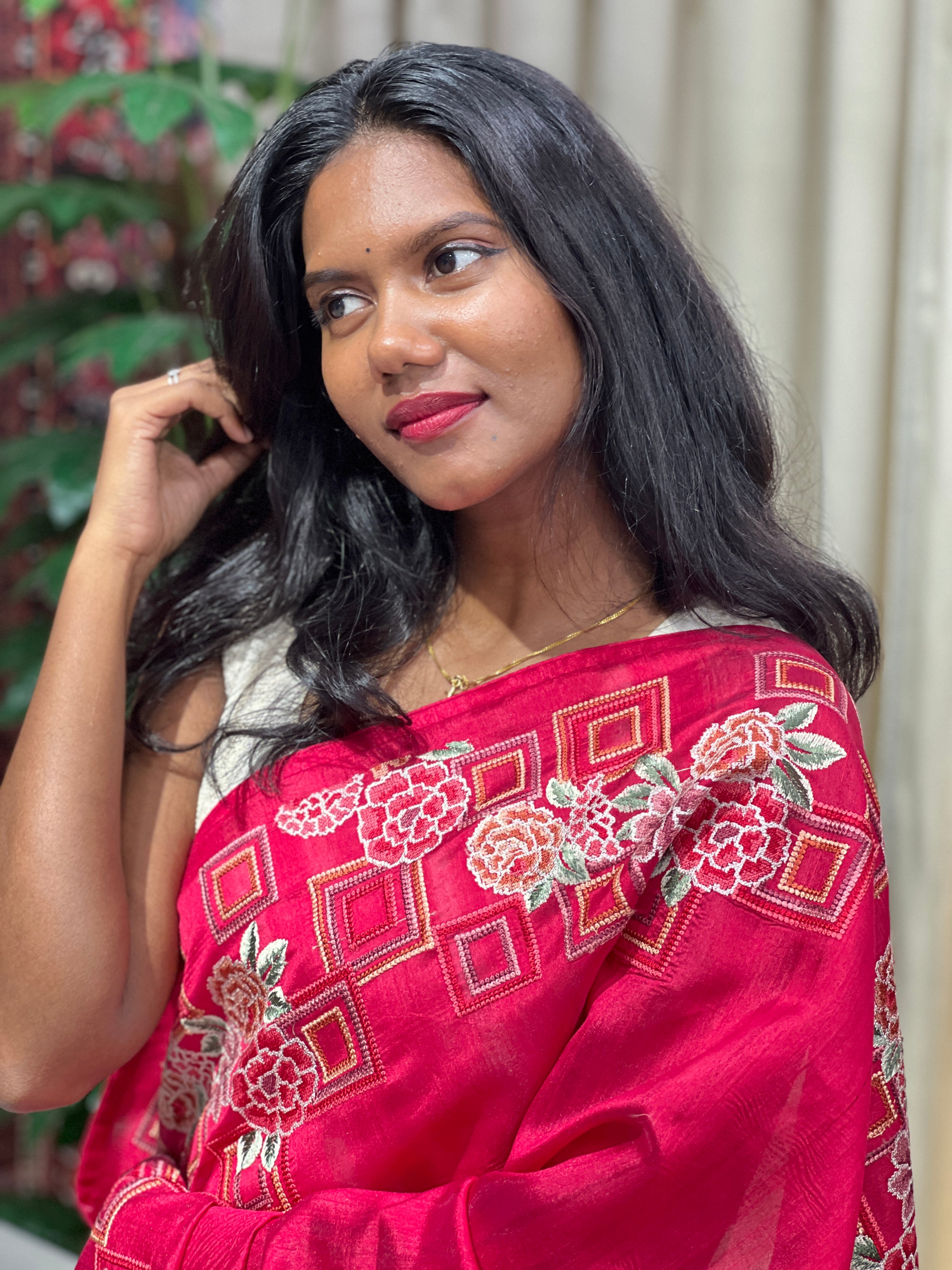 Multicolour Thread Embroidery Detailed Semi Tussar Saree | SUN535