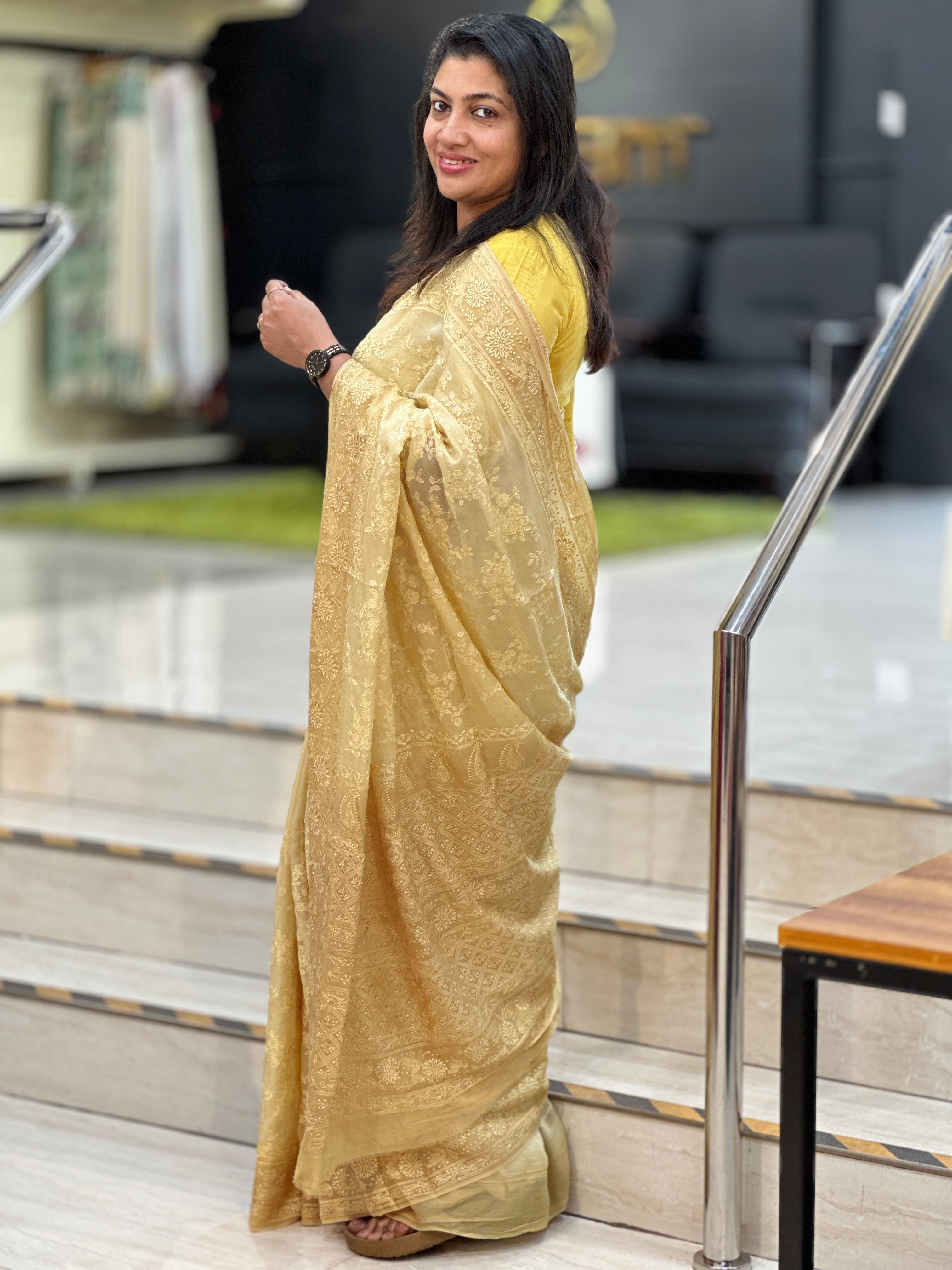 Lucknowi Floral Embroidery Detailed Viscose Organza Saree | MM415