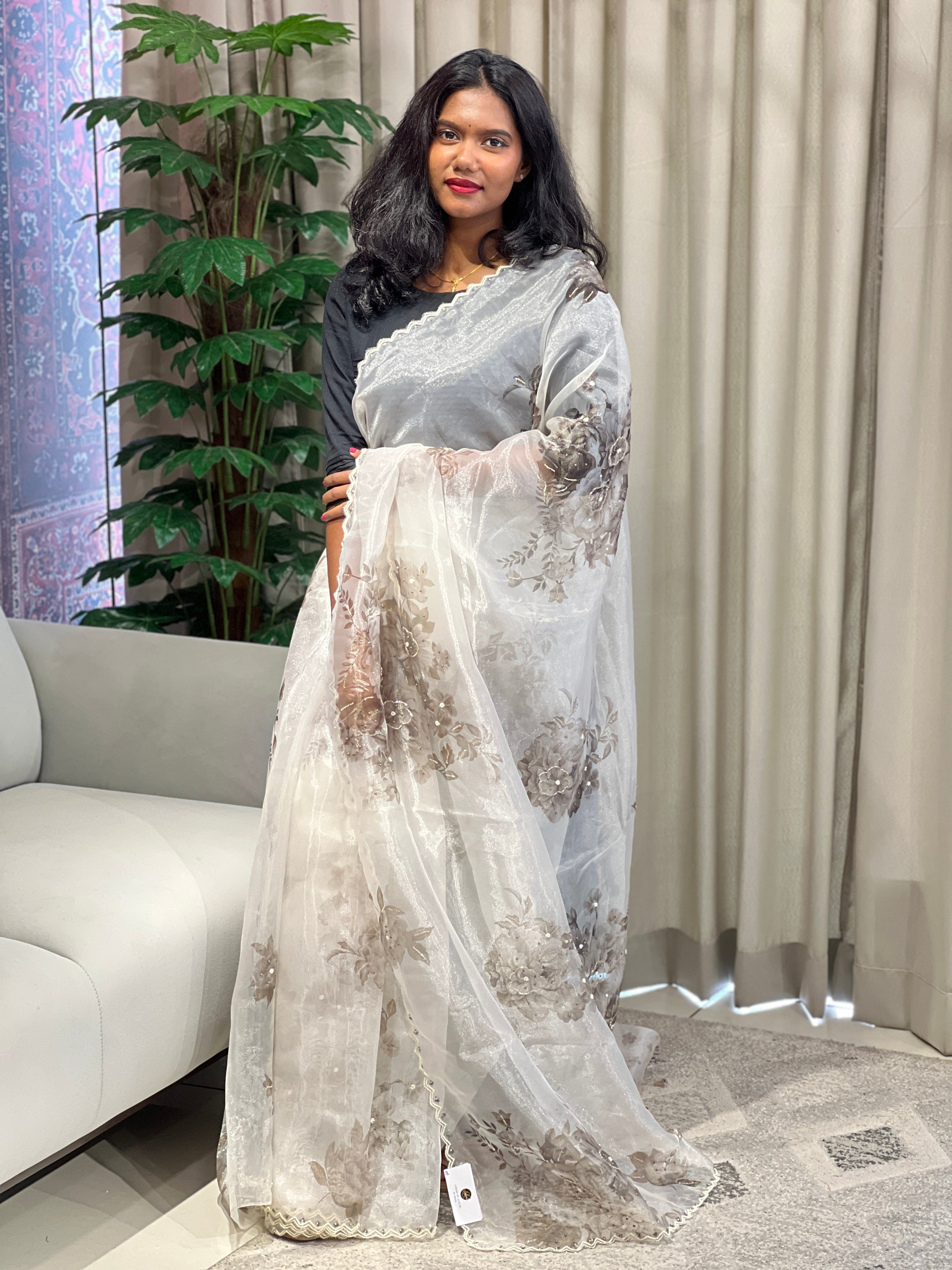 Floral Digital Print With Beads Highlighted Glass Organza Saree | BLD1754