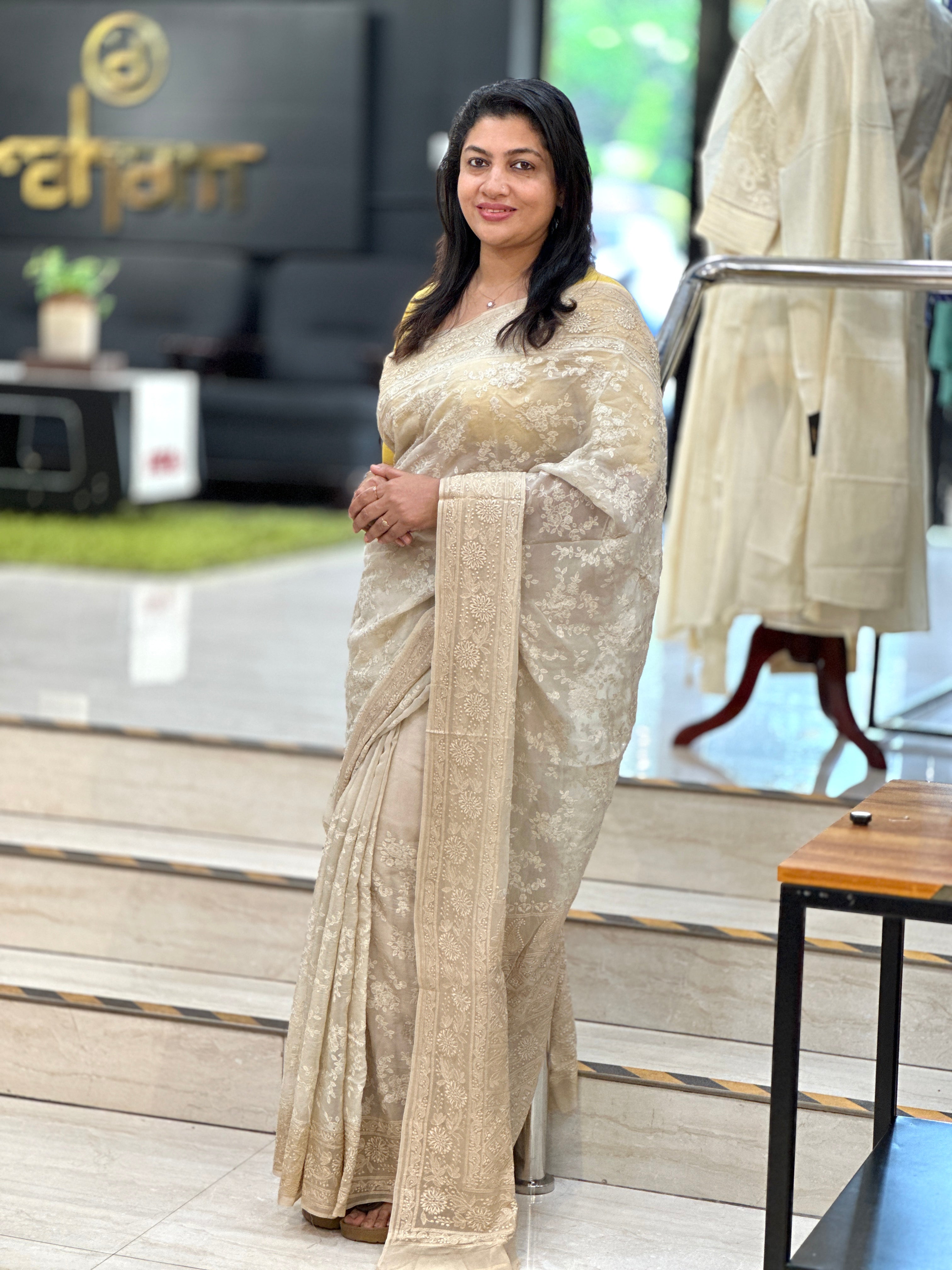 Lucknowi Floral Embroidery Detailed Viscose Organza Saree | MM413