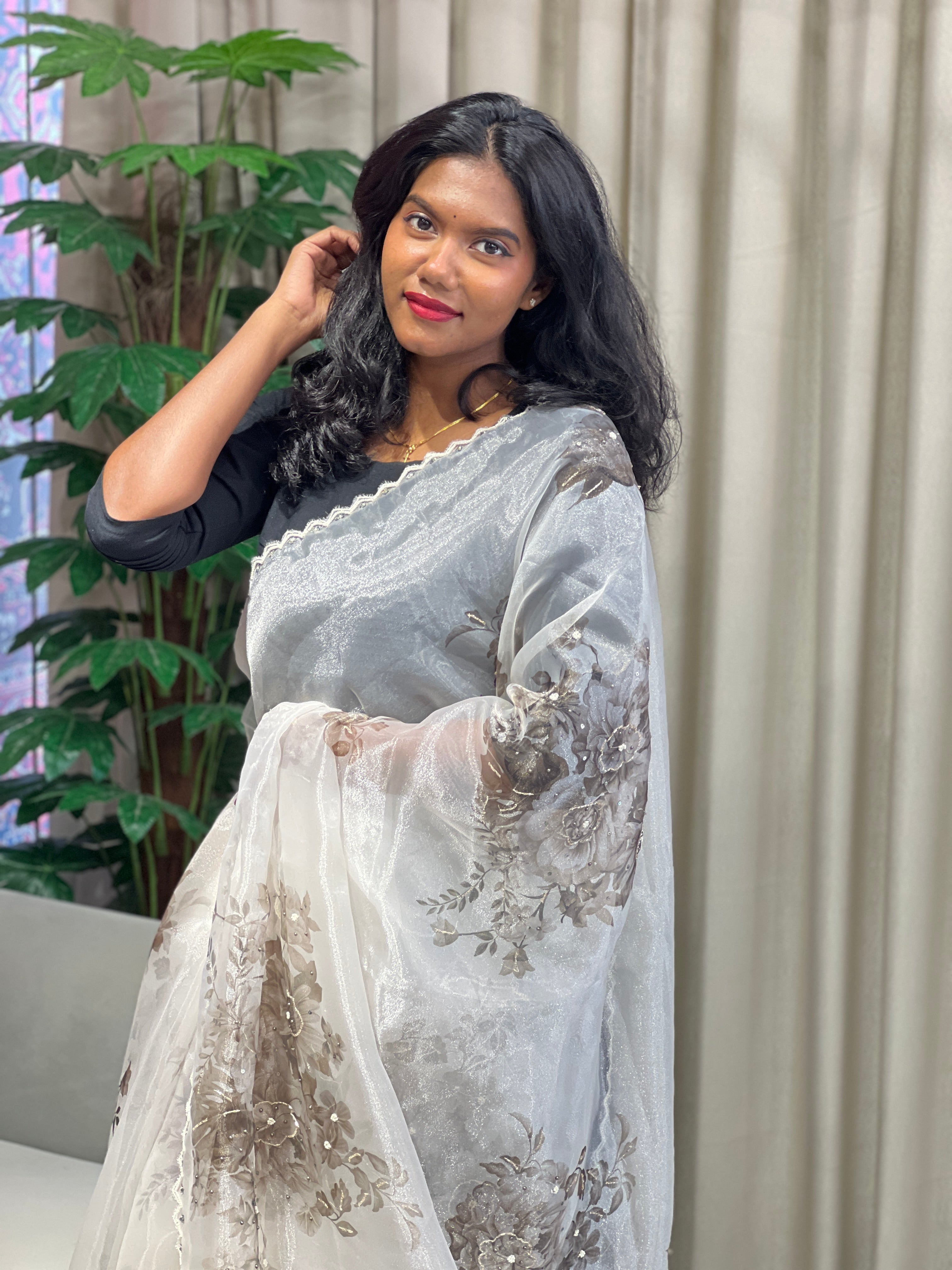 Floral Digital Print With Beads Highlighted Glass Organza Saree | BLD1754