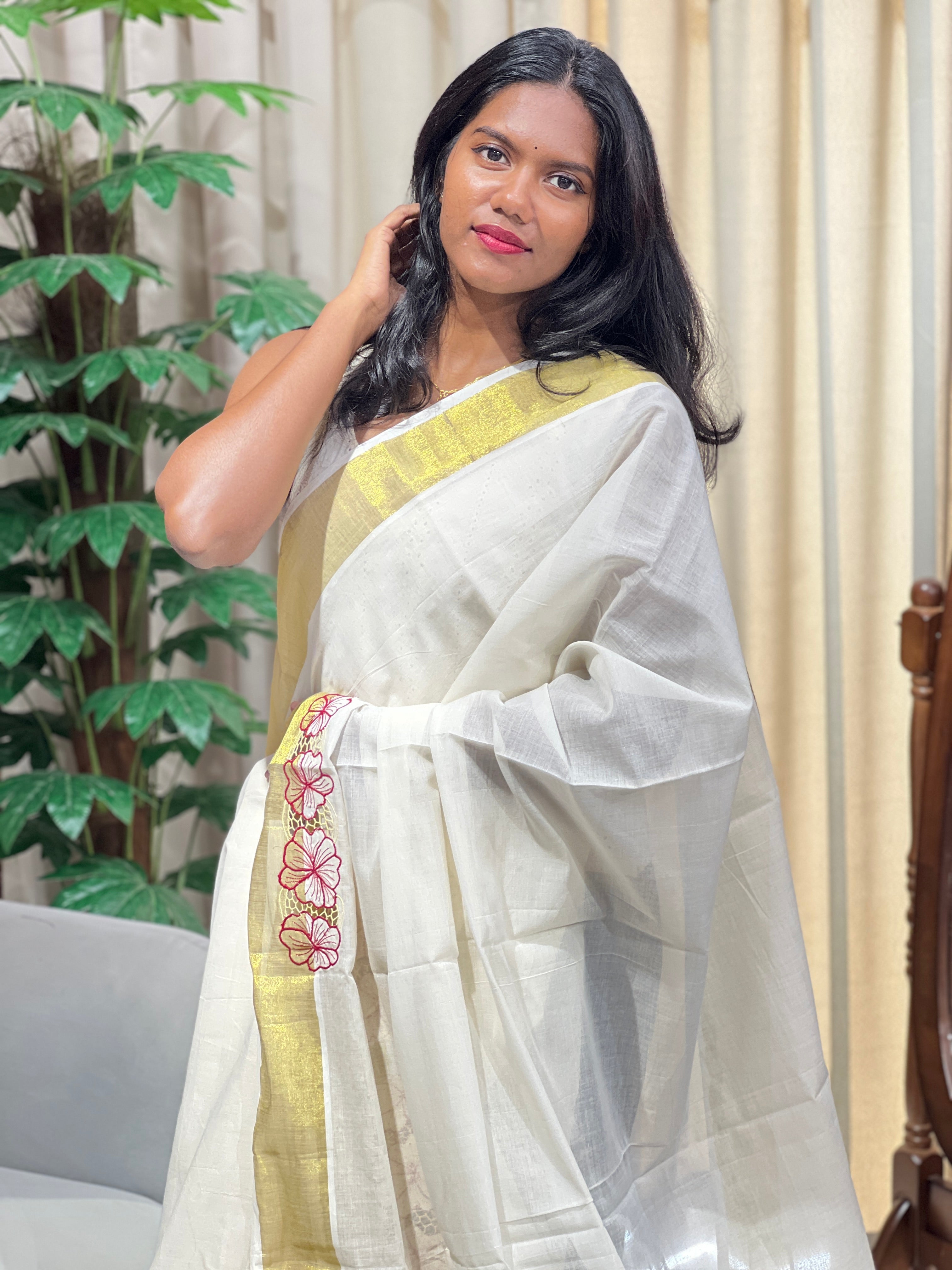 Twine Cutwork Kerala Cotton Saree (Without Blouse) | TC332