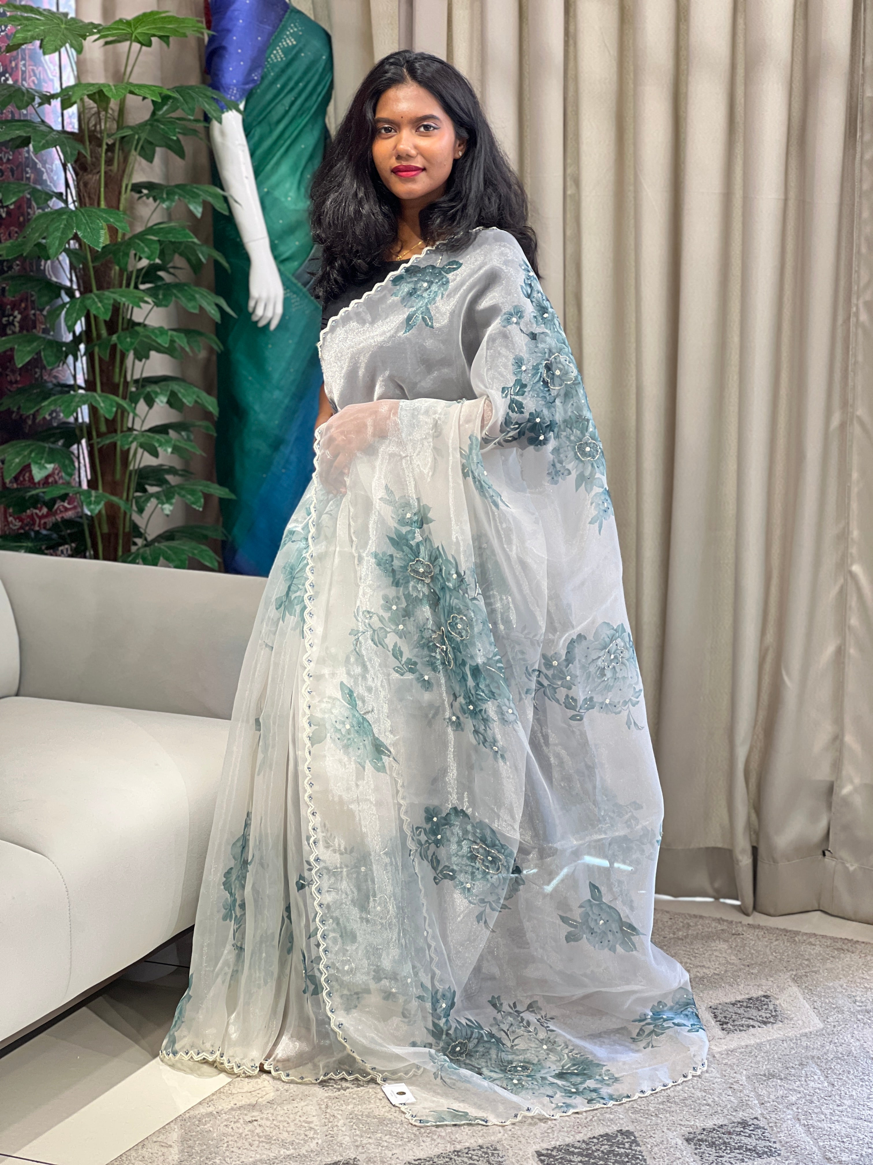 Floral Digital Print With Beads Highlighted Glass Organza Saree | BLD1755