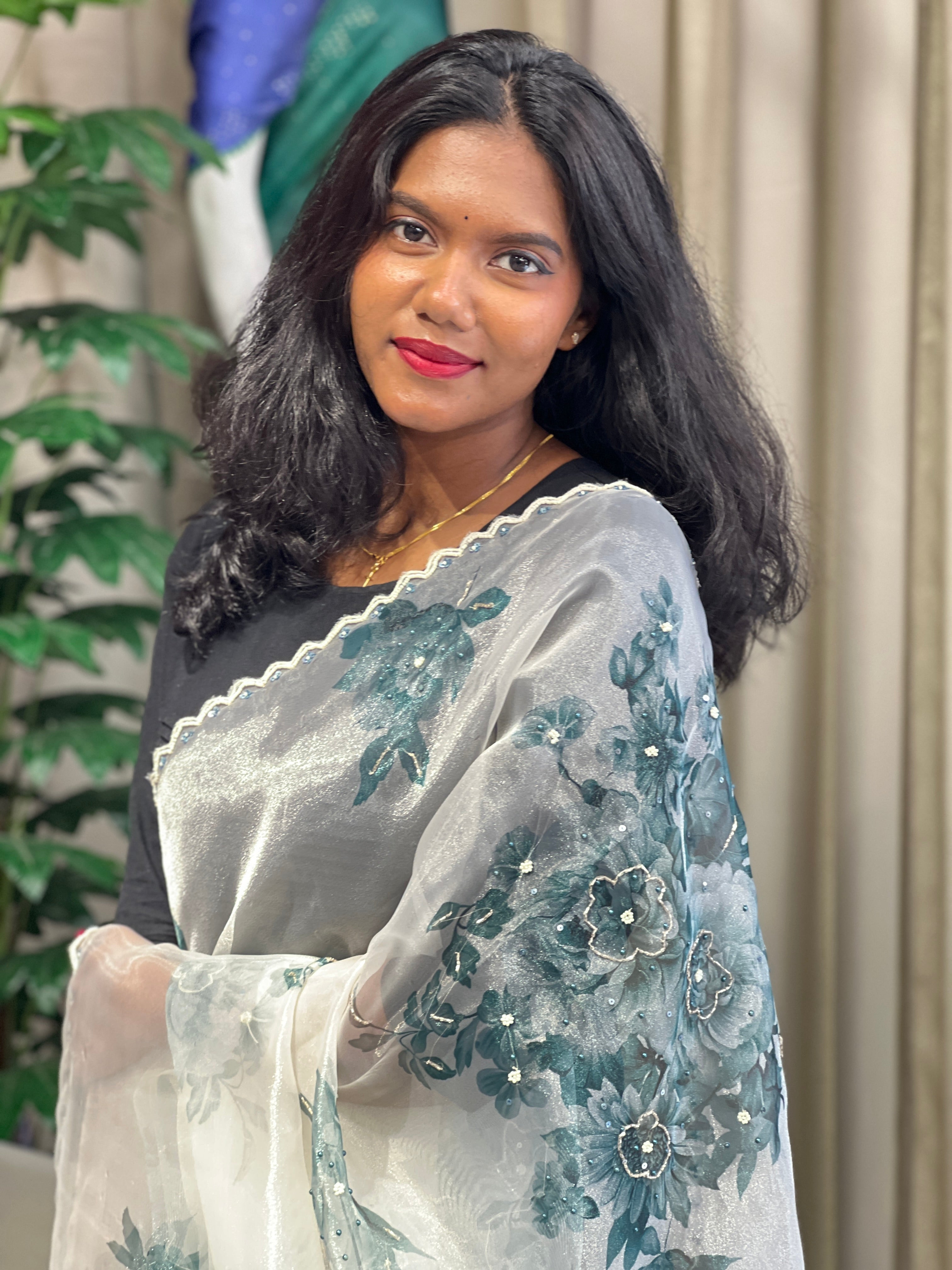 Floral Digital Print With Beads Highlighted Glass Organza Saree | BLD1755