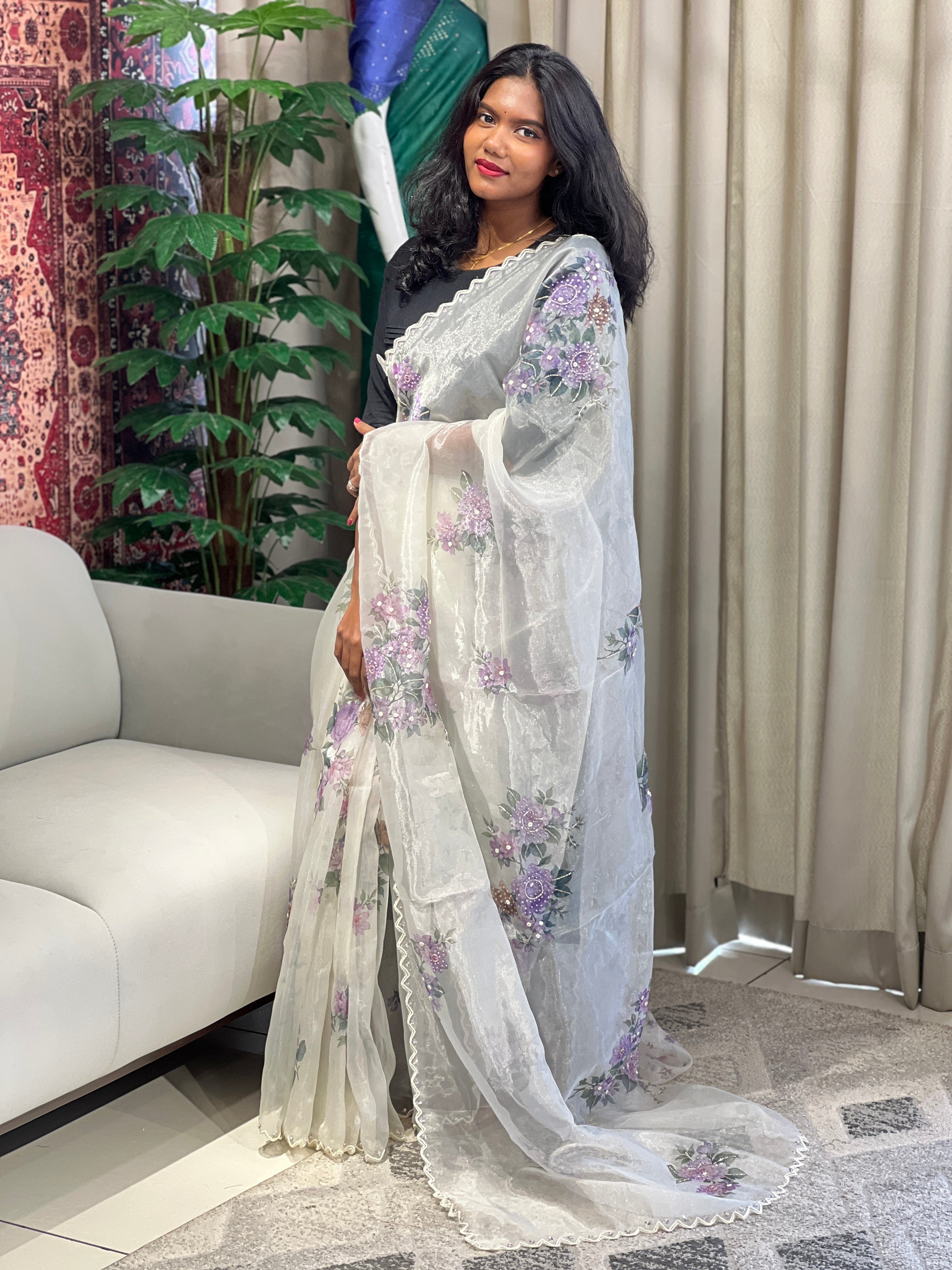 Floral Digital Print With Beads Highlighted Glass Organza Saree | BLD1775