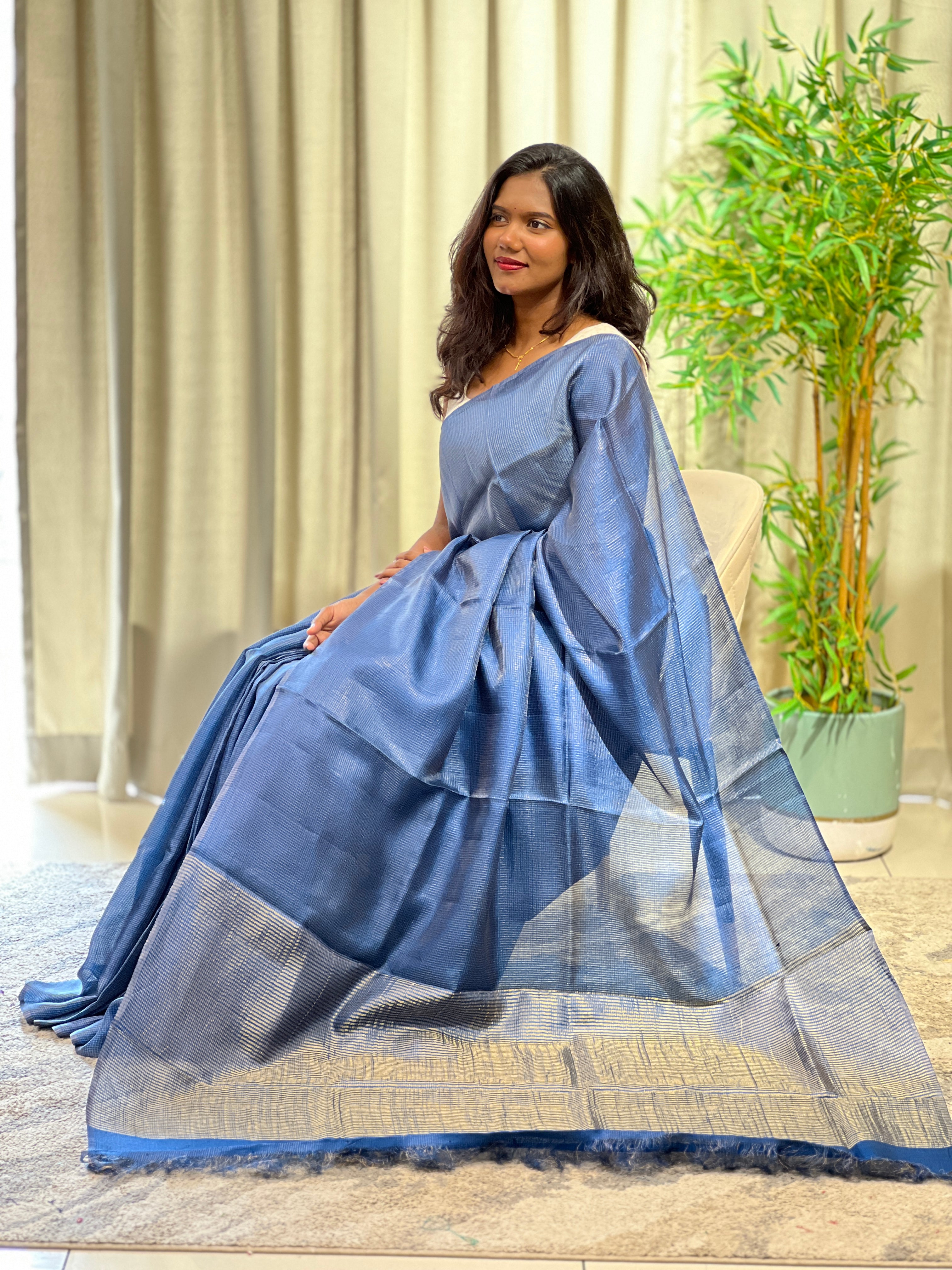 Tissue Check Pattern Tussar Saree | YNG1602