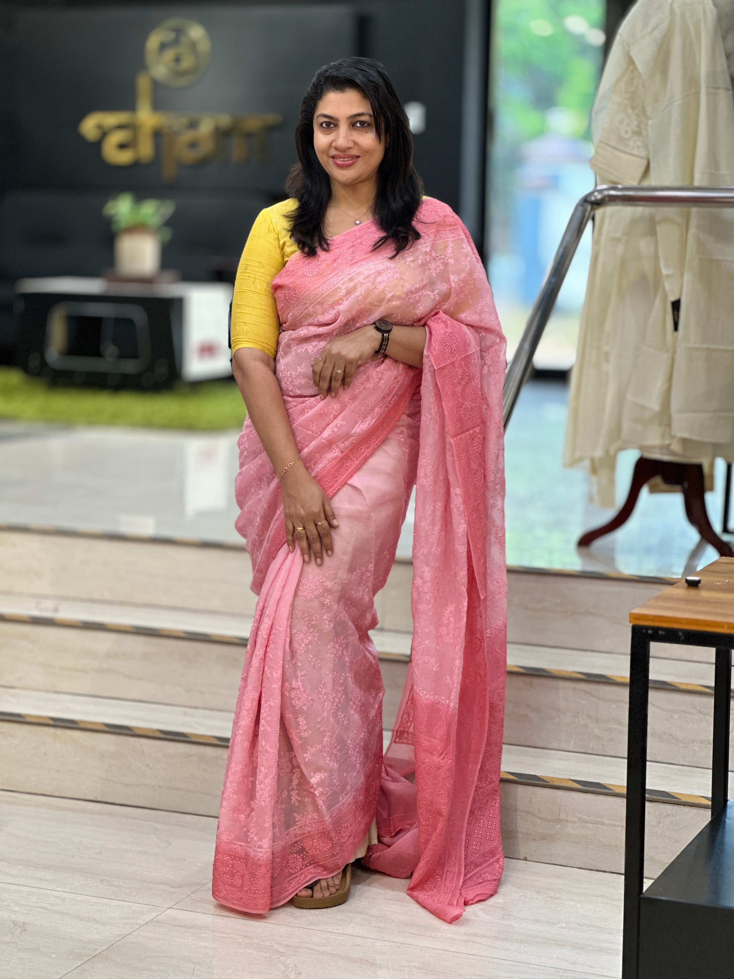 Lucknowi Floral Embroidery Detailed Viscose Organza Saree | MM414