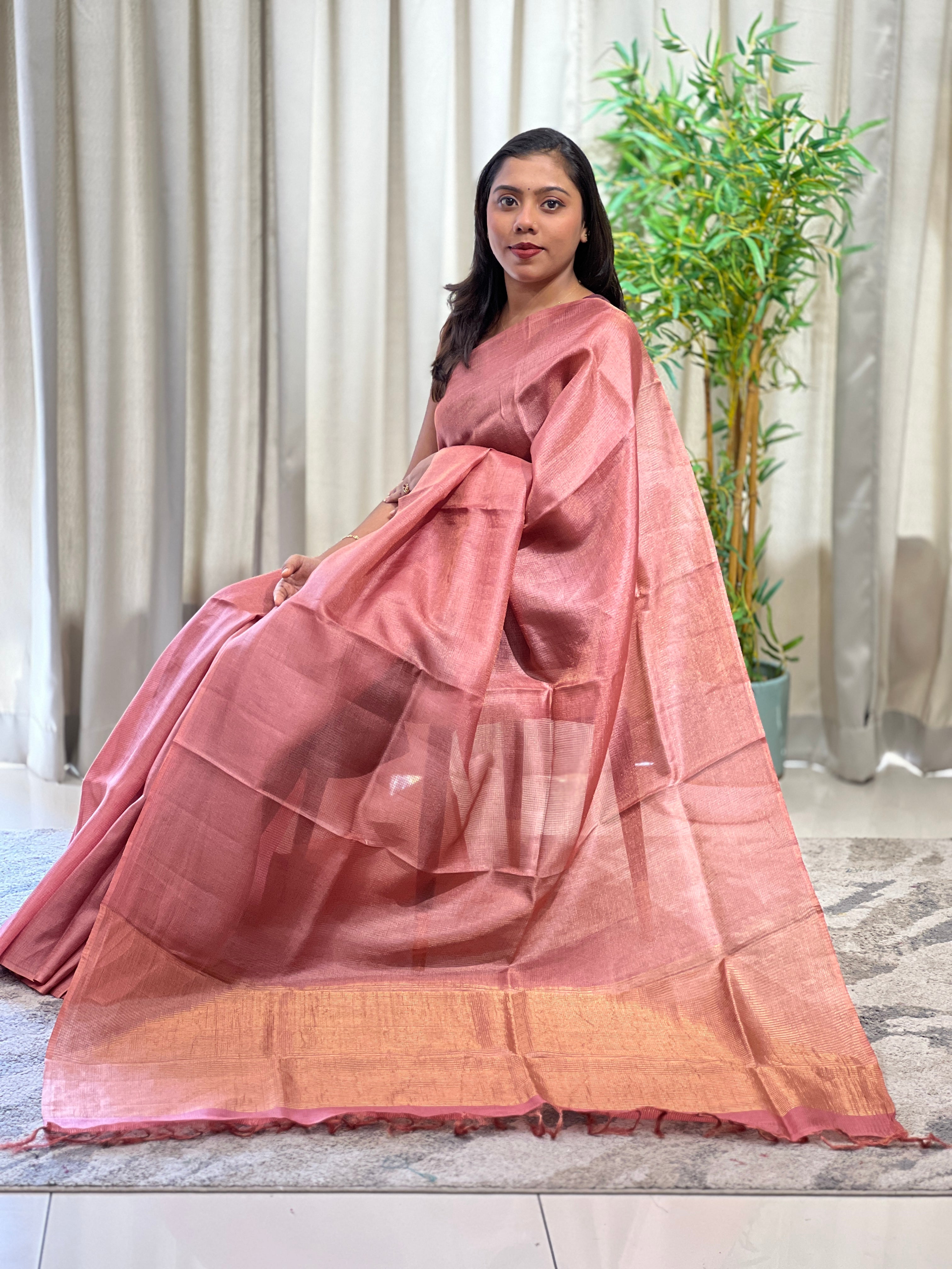Tissue Check Pattern Tussar Saree | YNG1603