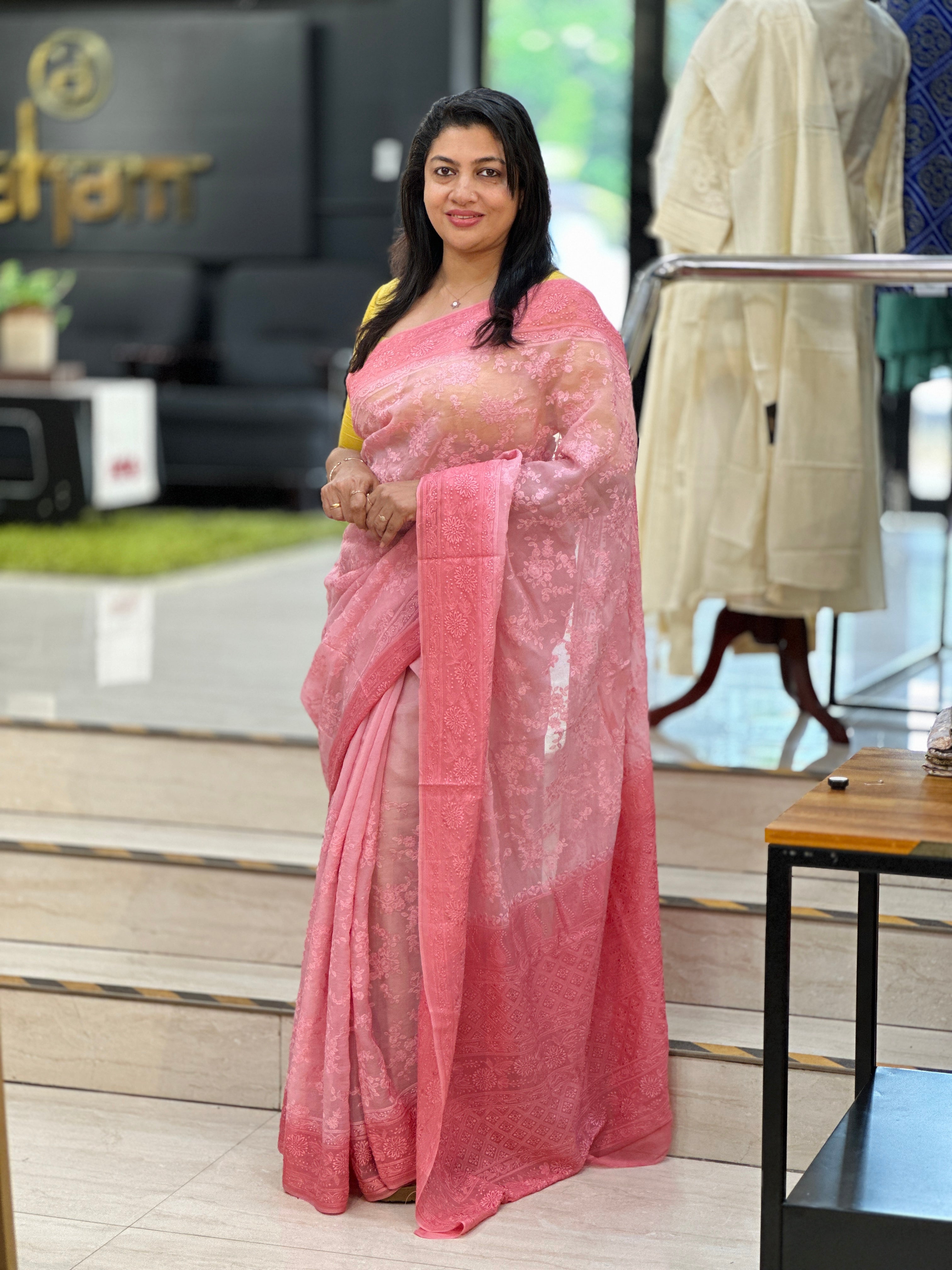 Lucknowi Floral Embroidery Detailed Viscose Organza Saree | MM414