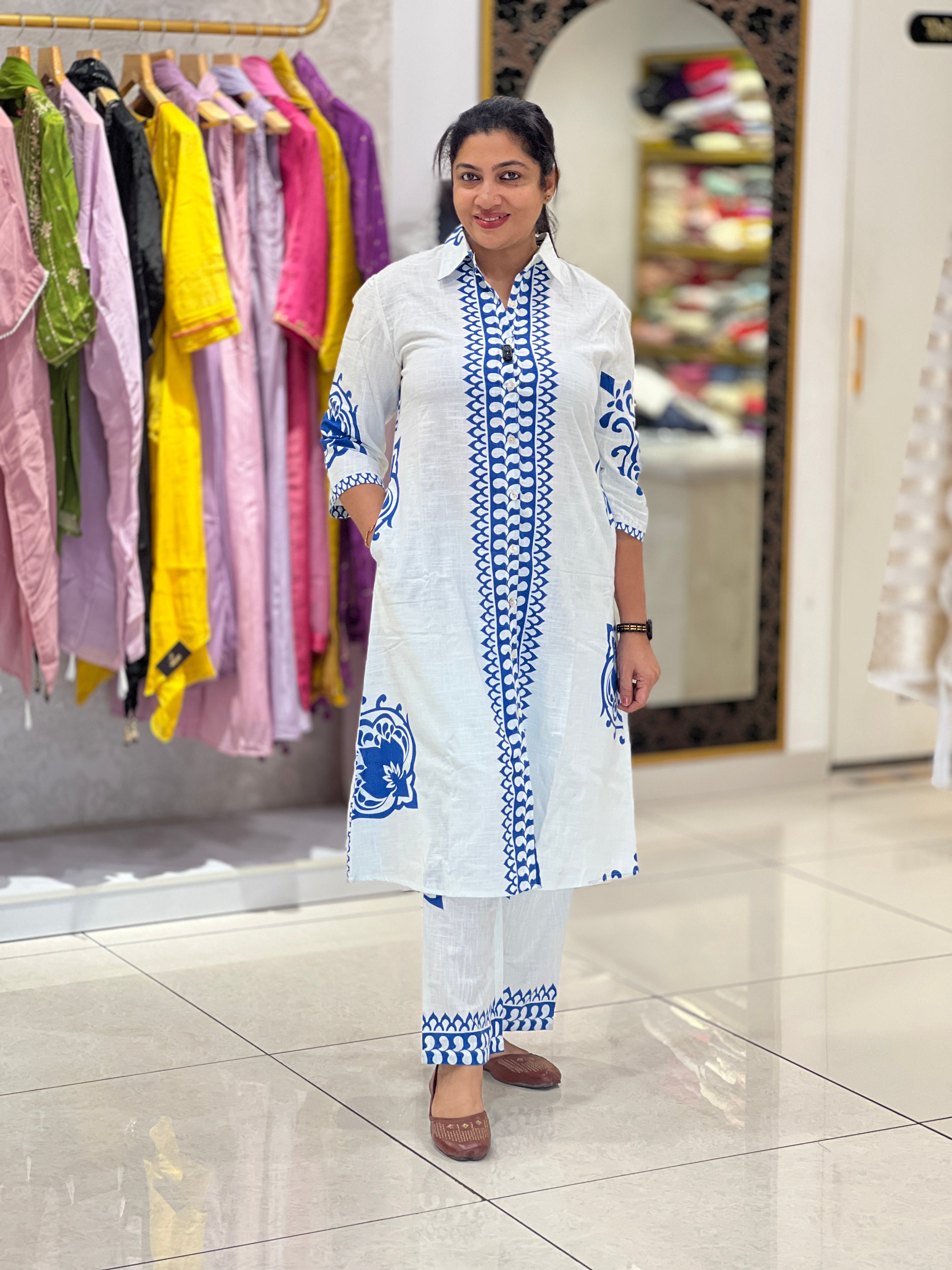 Screen Printed Pattern Slub Linen Cord Set | OMF182