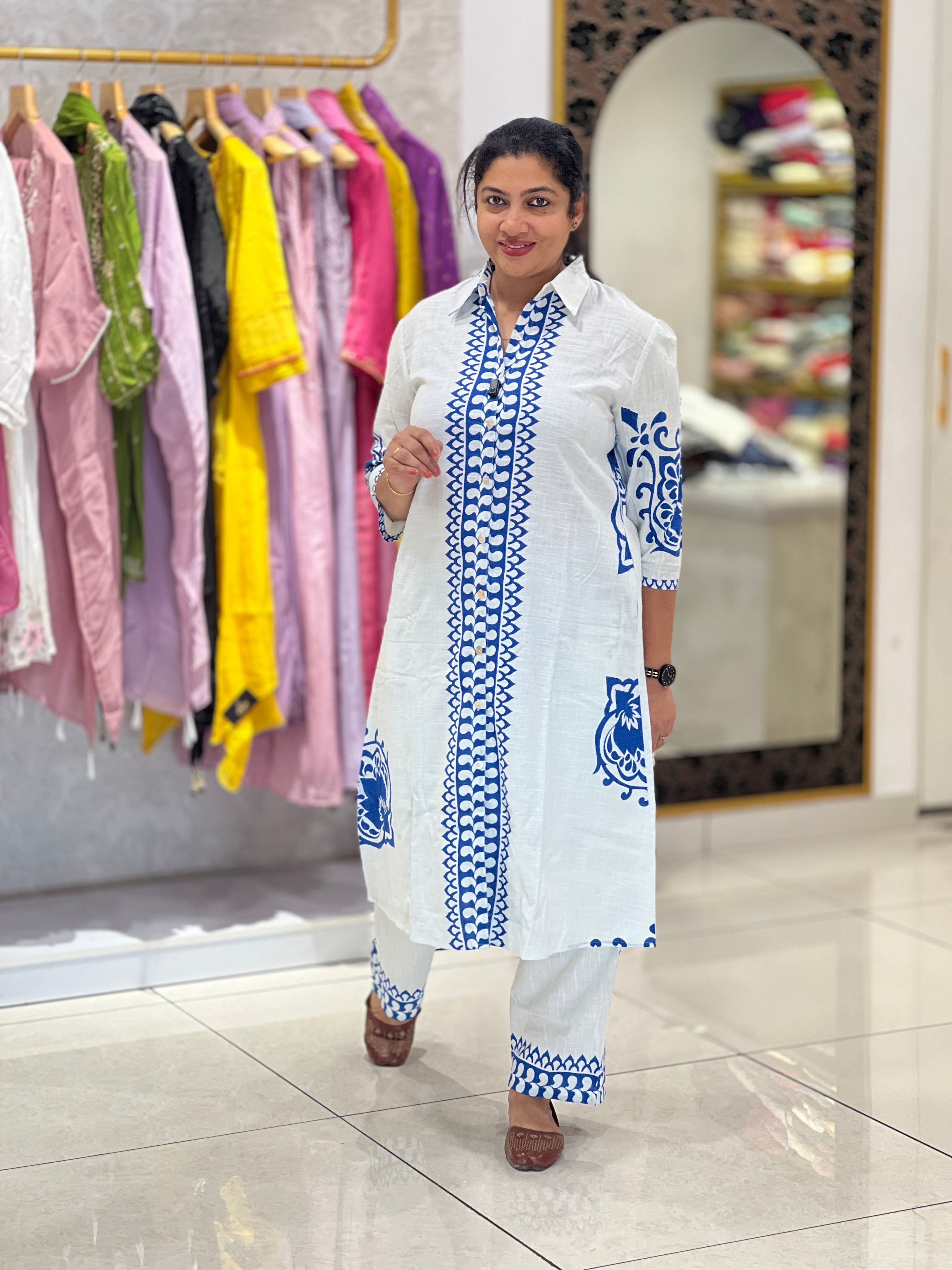 Screen Printed Pattern Slub Linen Cord Set | OMF182