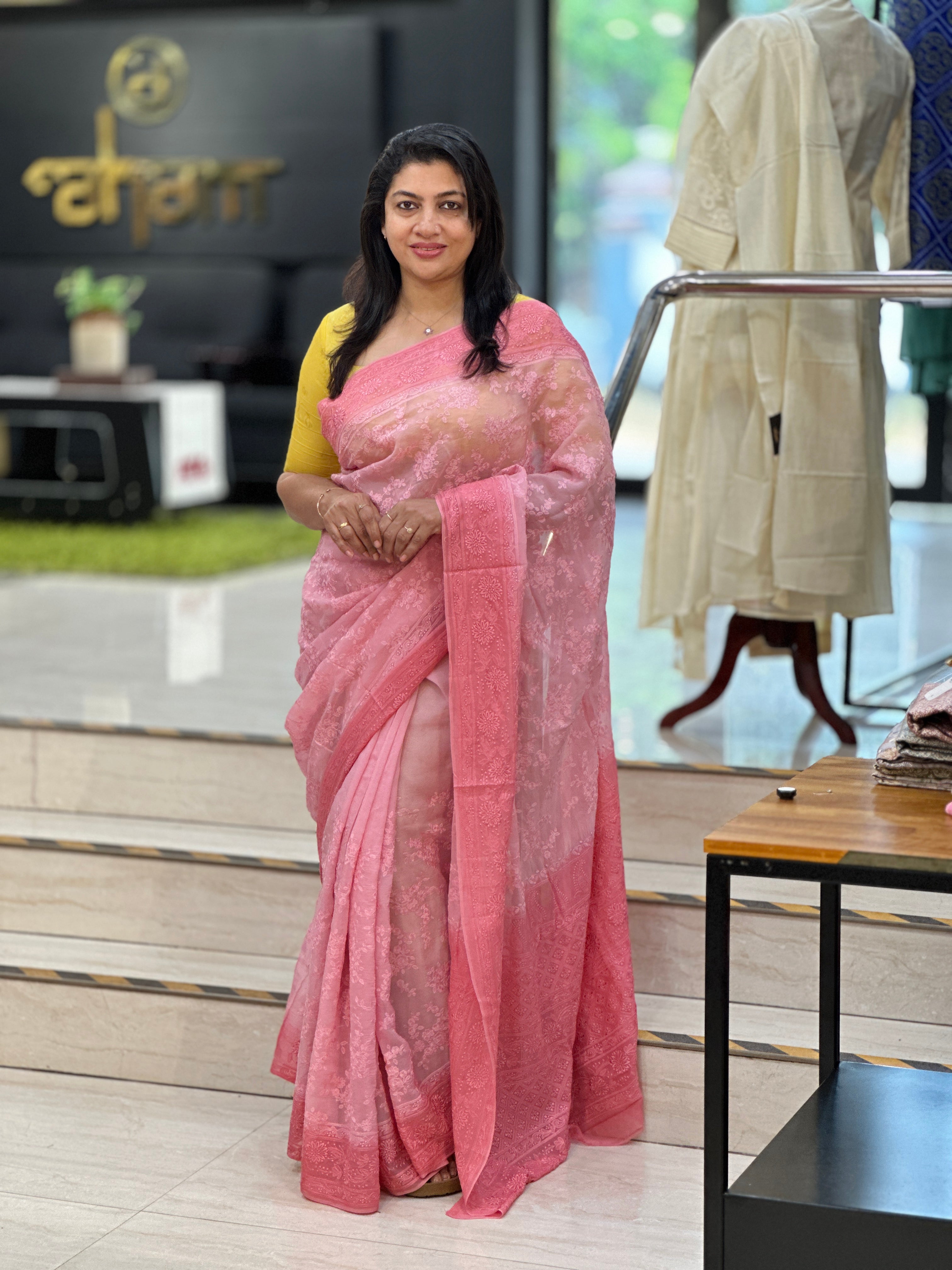 Lucknowi Floral Embroidery Detailed Viscose Organza Saree | MM414