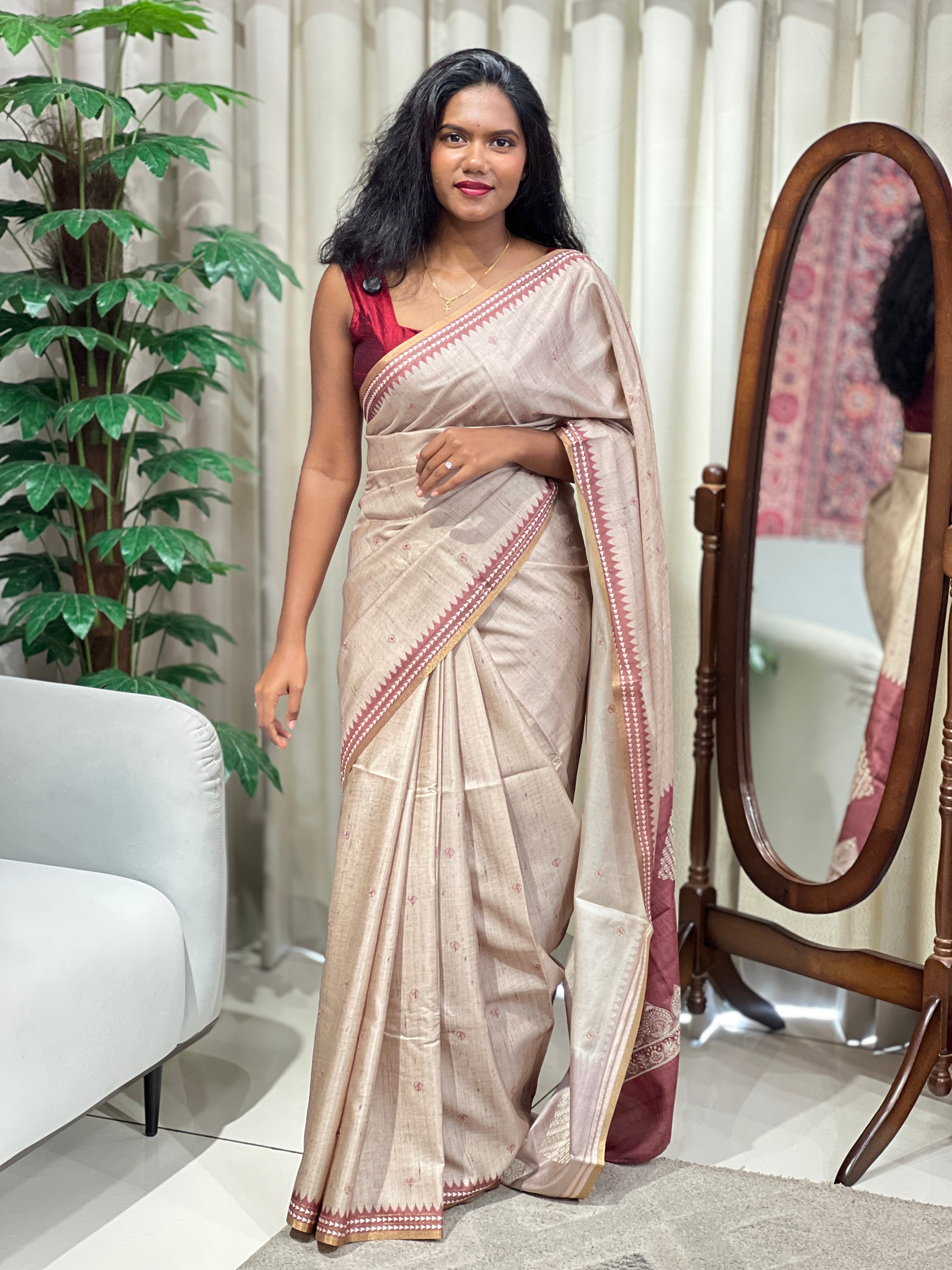 Thread Embroidery Detailed Semi Tussar Saree | PKS186