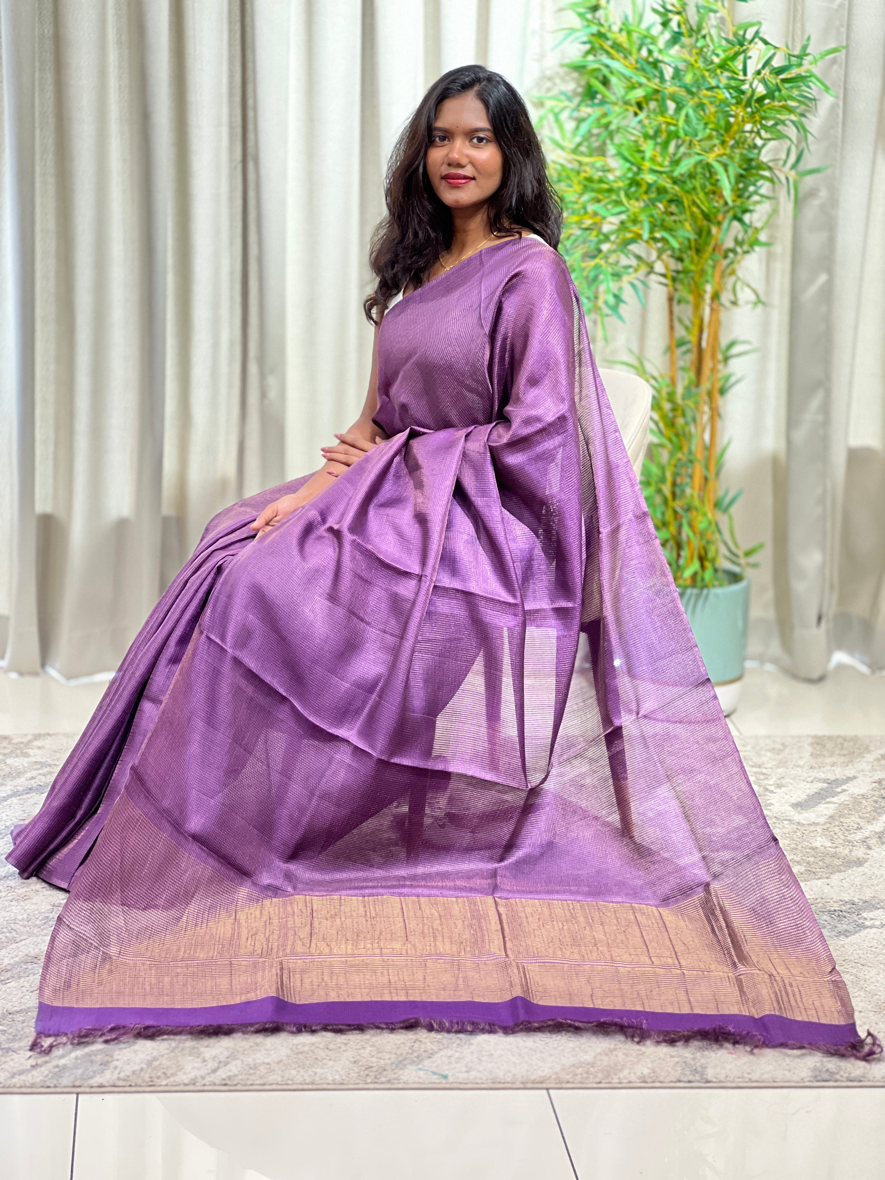 Tissue Check Pattern Tussar Saree | YNG1598