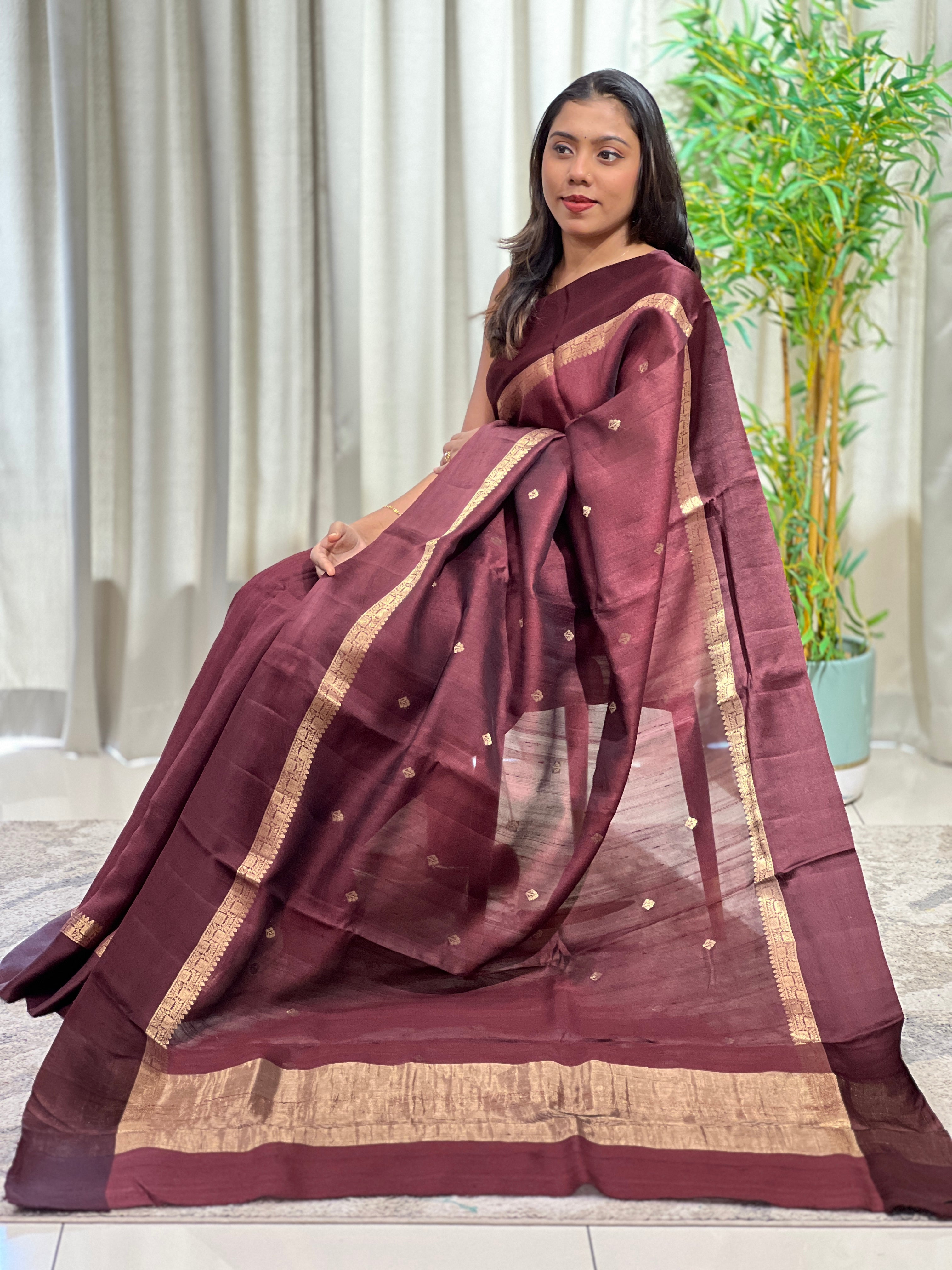 Buta Woven Satin Patta Bordered Tussar Saree | YNG1548