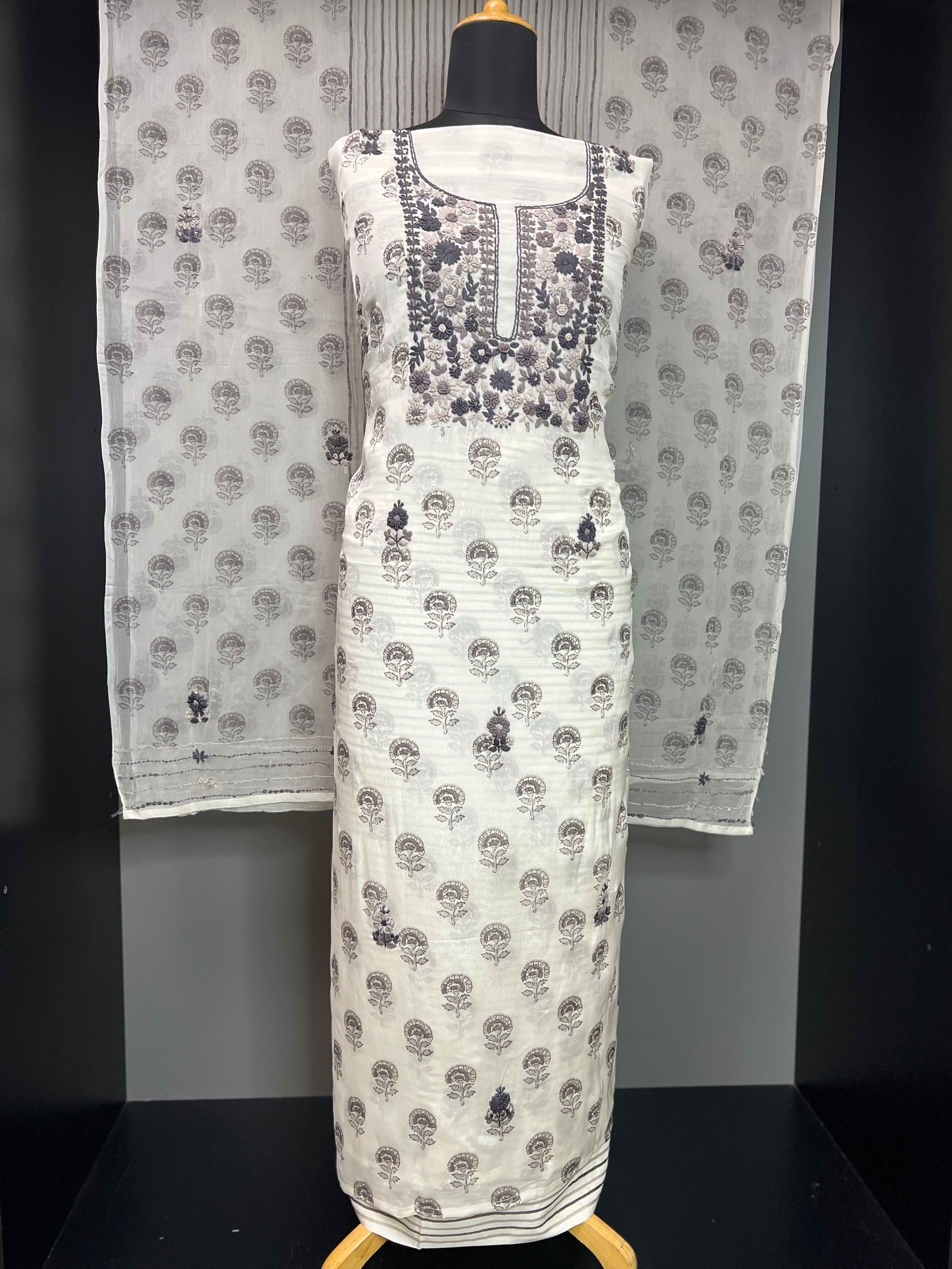 Print With Hand Embroidery Detailed Chinon Salwar Set | JVR107