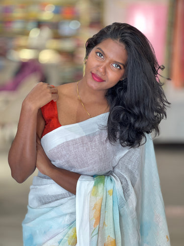 Floral Digital Print Detailed Linen Saree | MR395