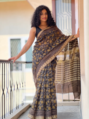 Hand Block Print With Floral Design Chanderi Silk Saree | JKL118