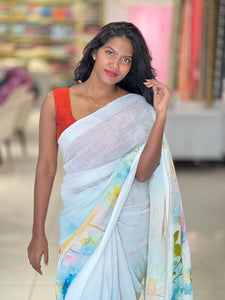 Floral Digital Print Detailed Linen Saree | MR395