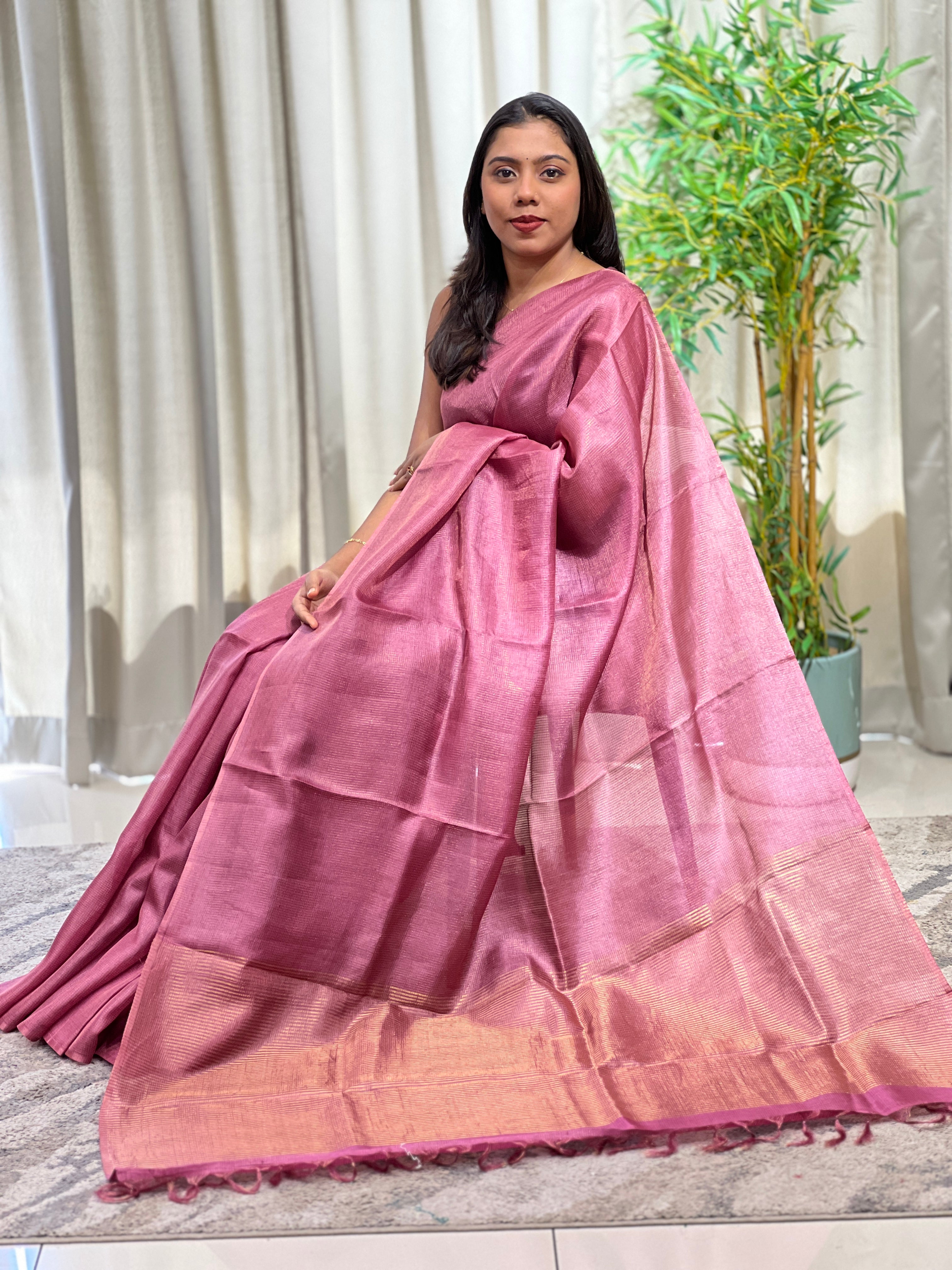 Tissue Check Pattern Tussar Saree | YNG1607