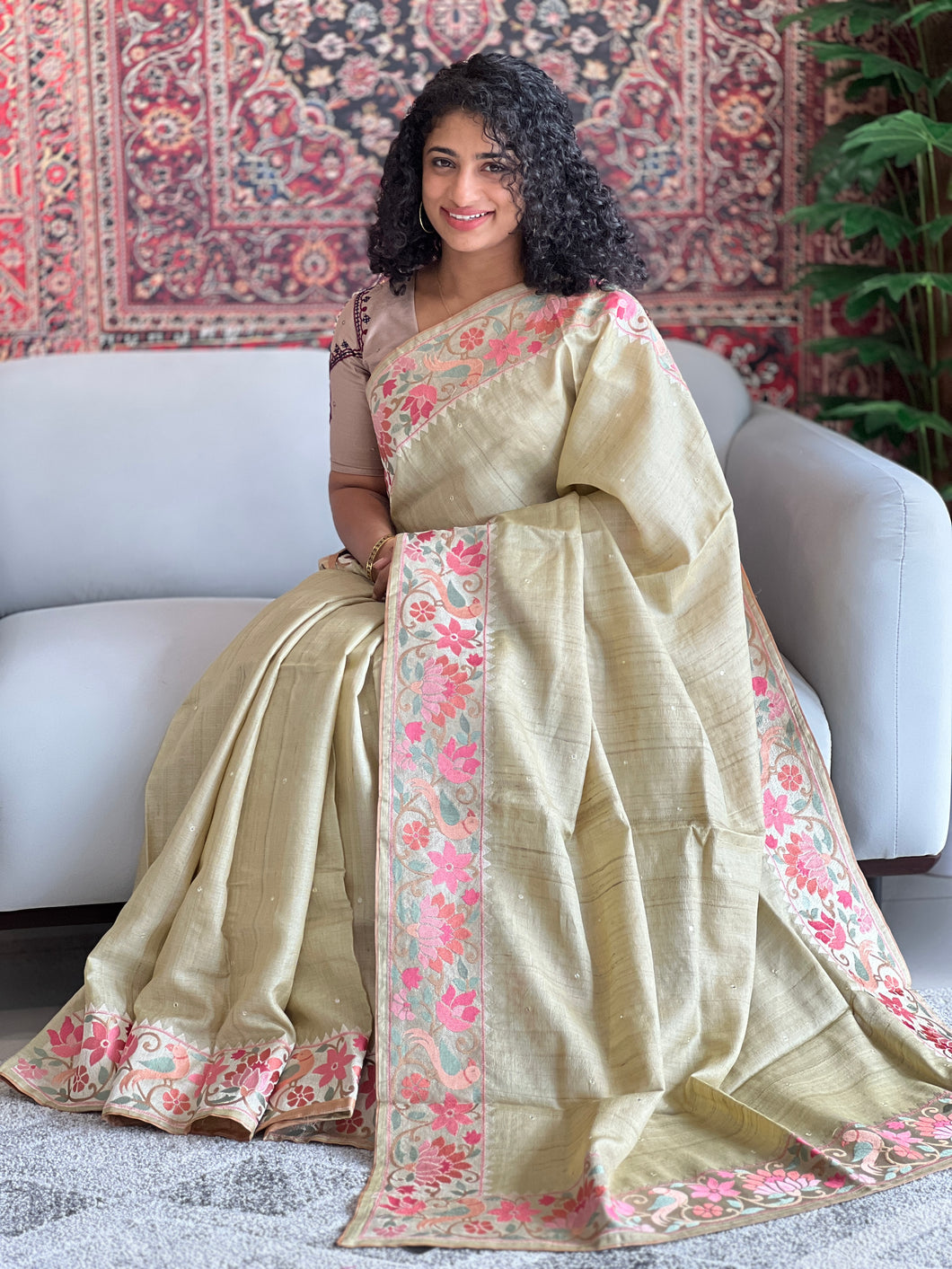 Floral Embroidered Desi Tussar Saree | RGD257