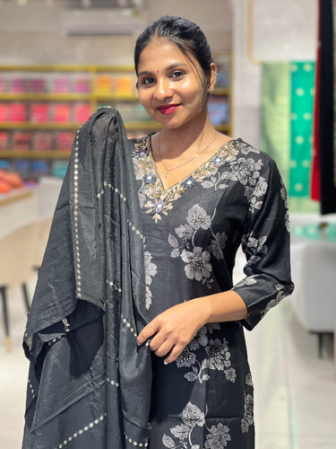 Digital Print With Hand Embroidery Detailed Rayon Kurta Set | PIR145